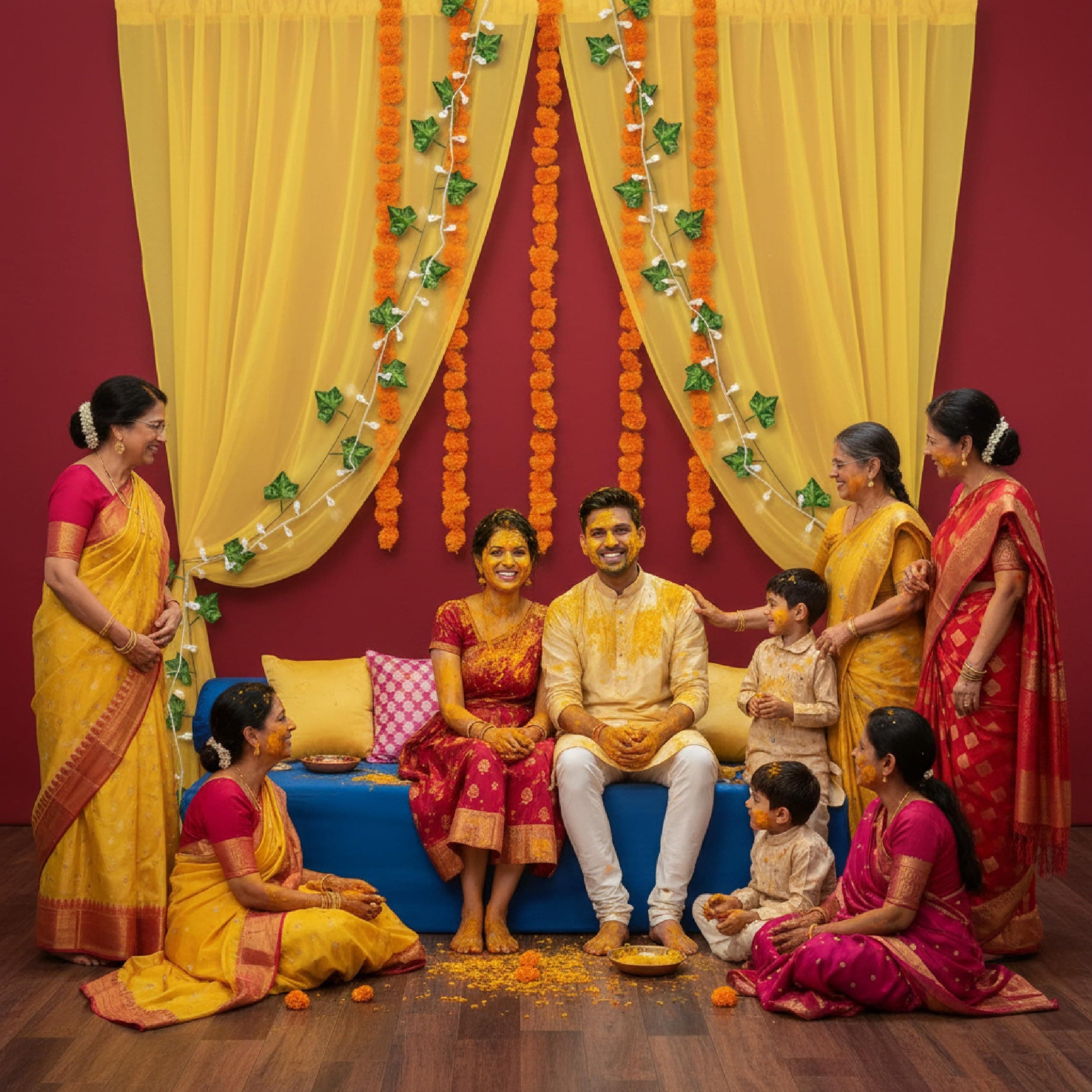 Balloonistics 13 Pcs Haldi & Mehendi Decoration Kit – Vibrant Yellow Backdrop Curtains with Marigold Garlands, Money Plant Vines & Easy Install Hooks – DIY Home Celebration Set thumbnail 5