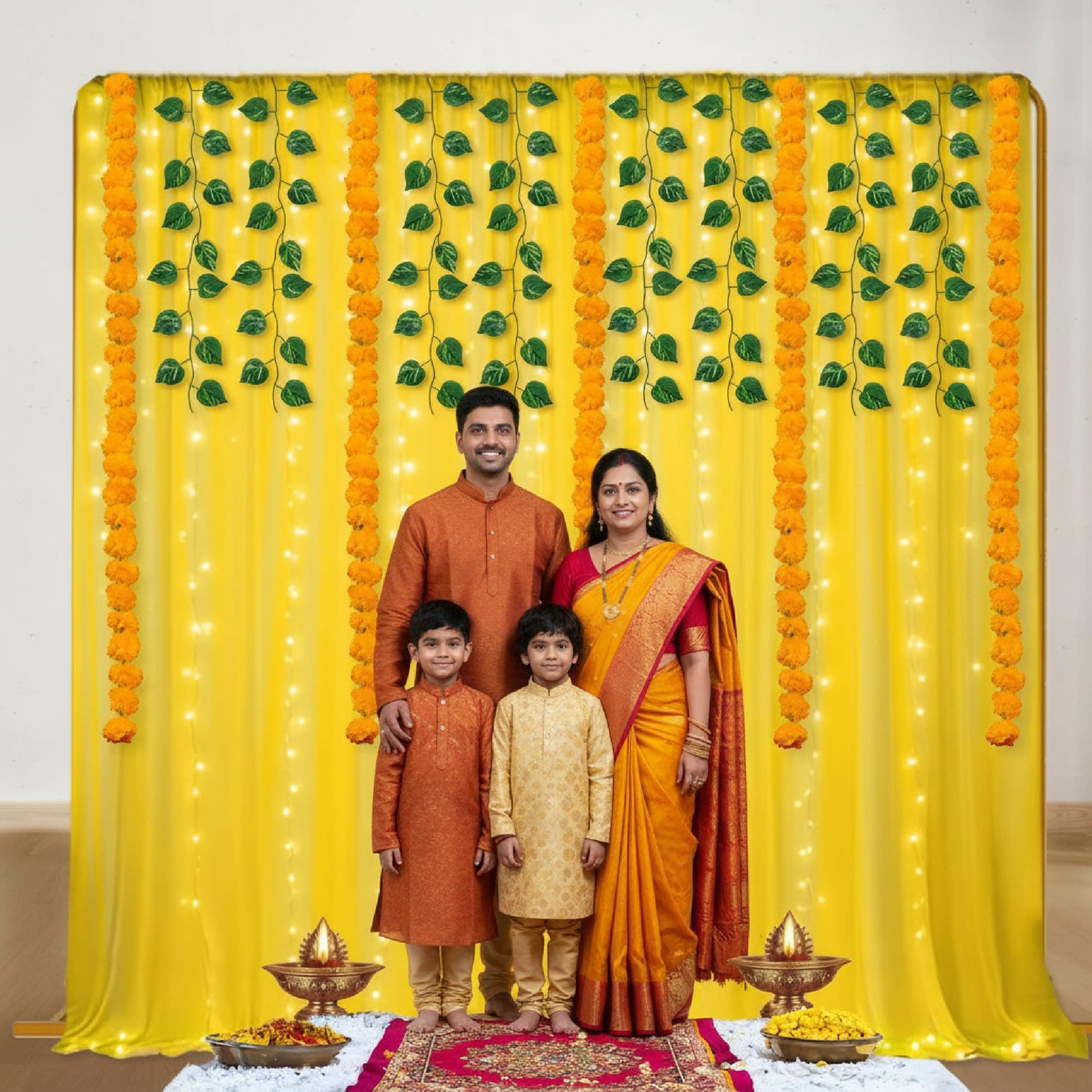 Balloonistics 13 Pcs Haldi & Mehendi Decoration Kit – Vibrant Yellow Backdrop Curtains with Marigold Garlands, Money Plant Vines & Easy Install Hooks – DIY Home Celebration Set thumbnail 8