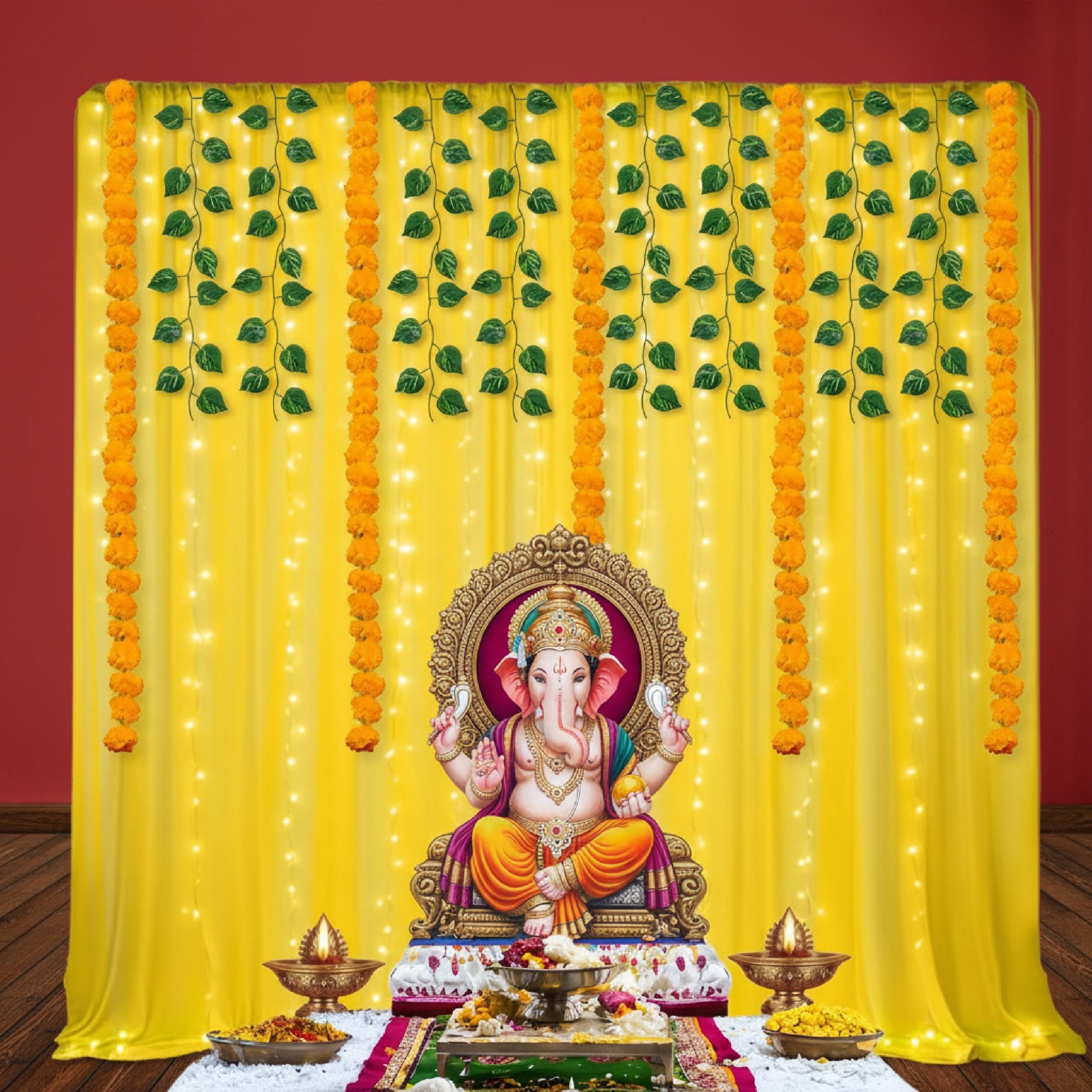 Balloonistics 13 Pcs Haldi & Mehendi Decoration Kit – Vibrant Yellow Backdrop Curtains with Marigold Garlands, Money Plant Vines & Easy Install Hooks – DIY Home Celebration Set thumbnail 2