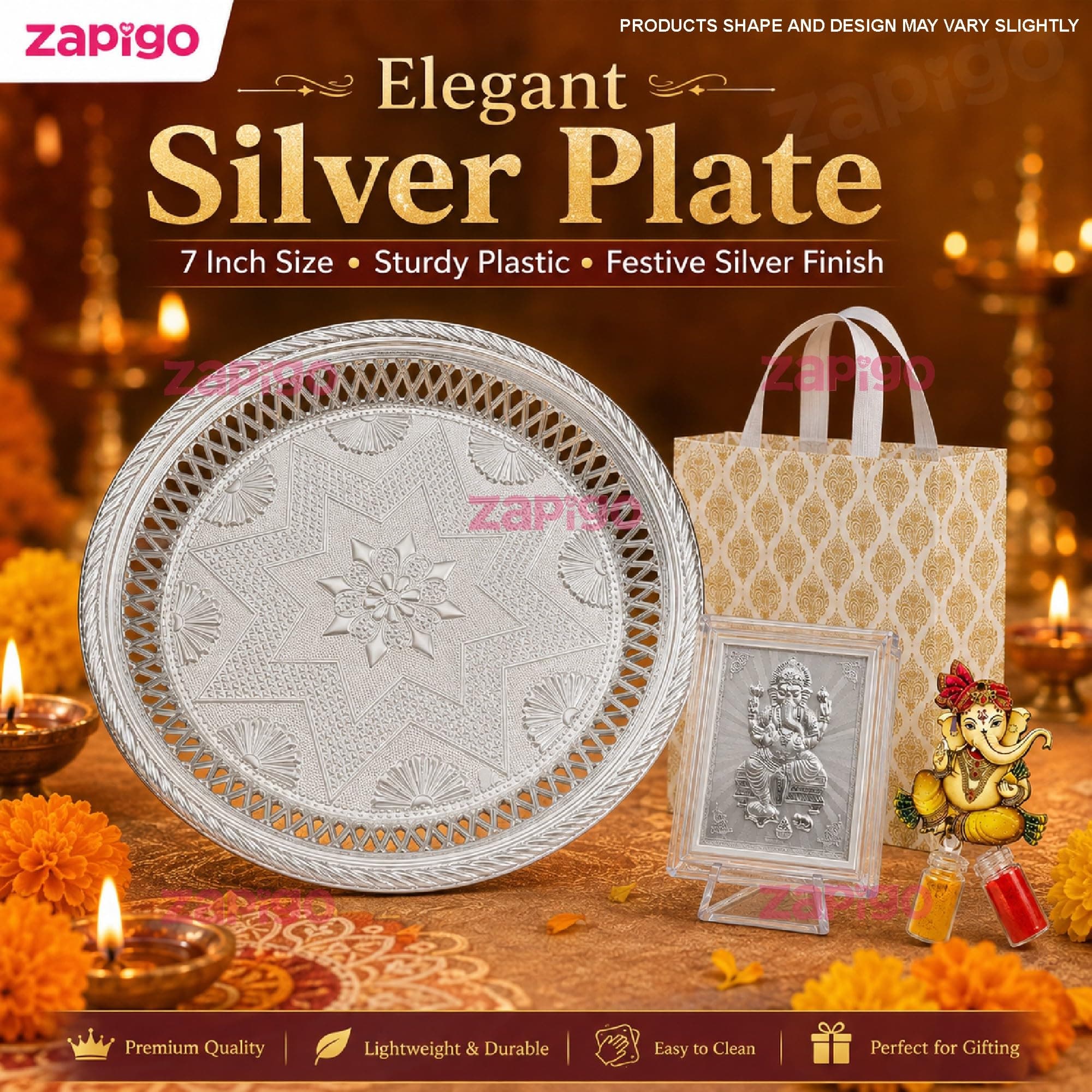 Habba Ganesha Frame Pooja Return Gift Combo with Ganesha Kumkum, Silver Plate & Festive Bag, Traditional Haldi Kumkum Tambulam Hamper for Ganesh Chaturthi, Weddings & Festivals, Pack of 5 thumbnail 3