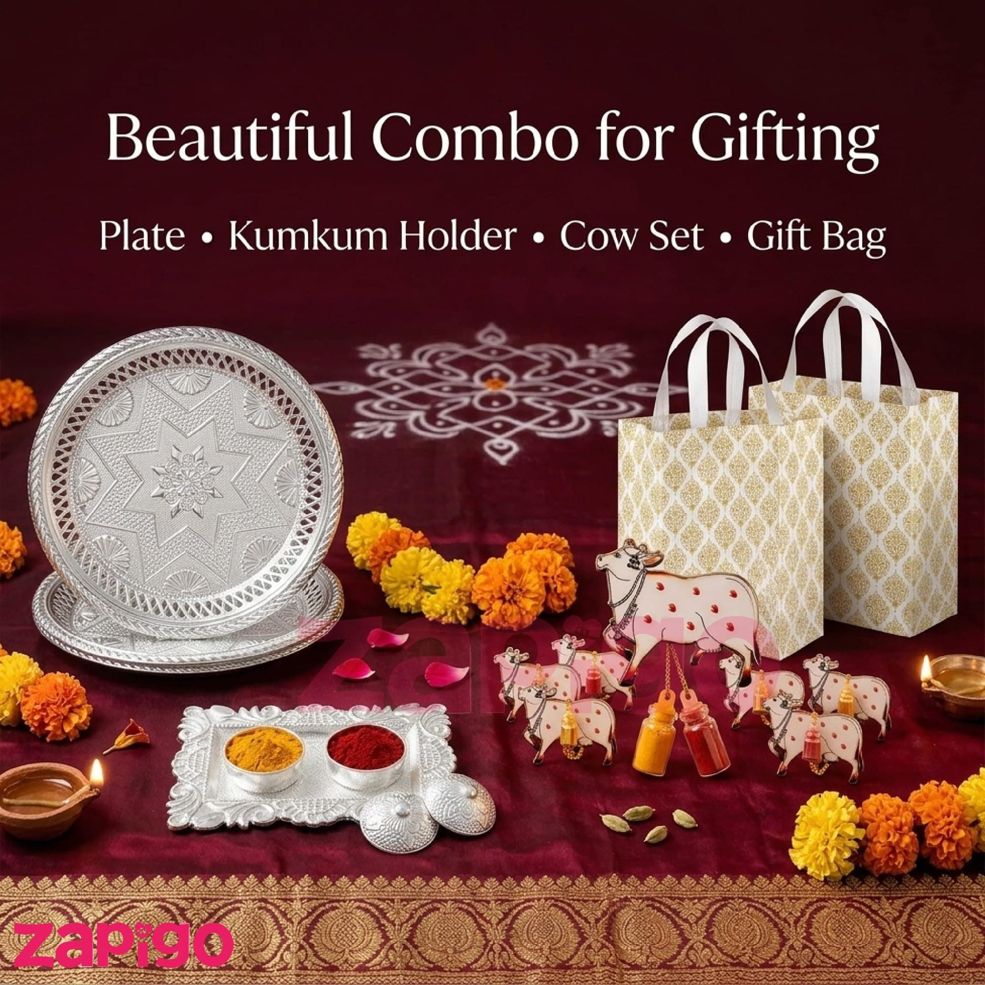 Habba Festive Return Gift Set with Silver Plate, Cow Design Kumkum Holder, Silver Kumkum Set & Laminated Gift Bag, Traditional Haldi Kumkum Return Gift for Diwali, Navratri, Weddings - Pack of 5 thumbnail 4