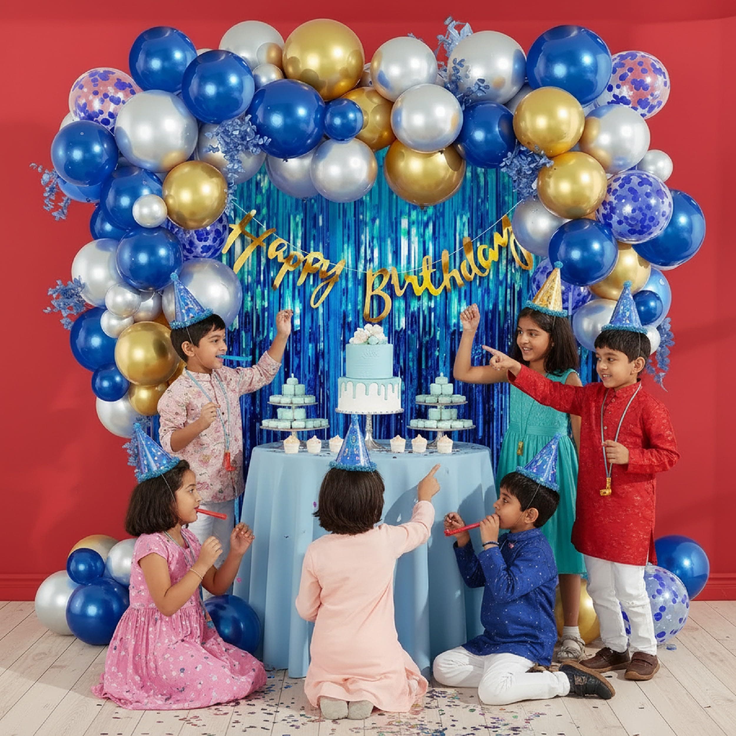 Balloonistics 44 Pcs Blue & Gold Birthday Decoration Kit for Boys – Fringe Curtain, Foil Balloons & Balloon Arch Strip – Premium Kids' Birthday Party Bundle thumbnail 2