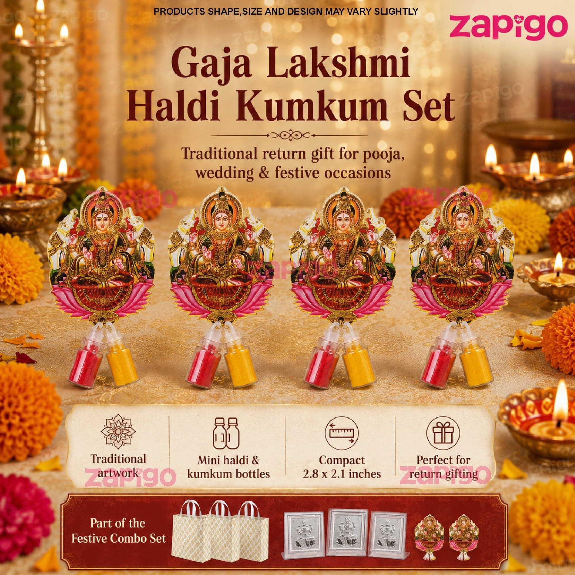 Habba Lakshmi Frame Pooja Return Gift Combo for Women, Lakshmi Kumkum Set, Festive Carry Bag, Traditional Haldi Kumkum Tambulam Hamper for Varalakshmi Vratham, Deepavali, Weddings, Pack of 5 thumbnail 4