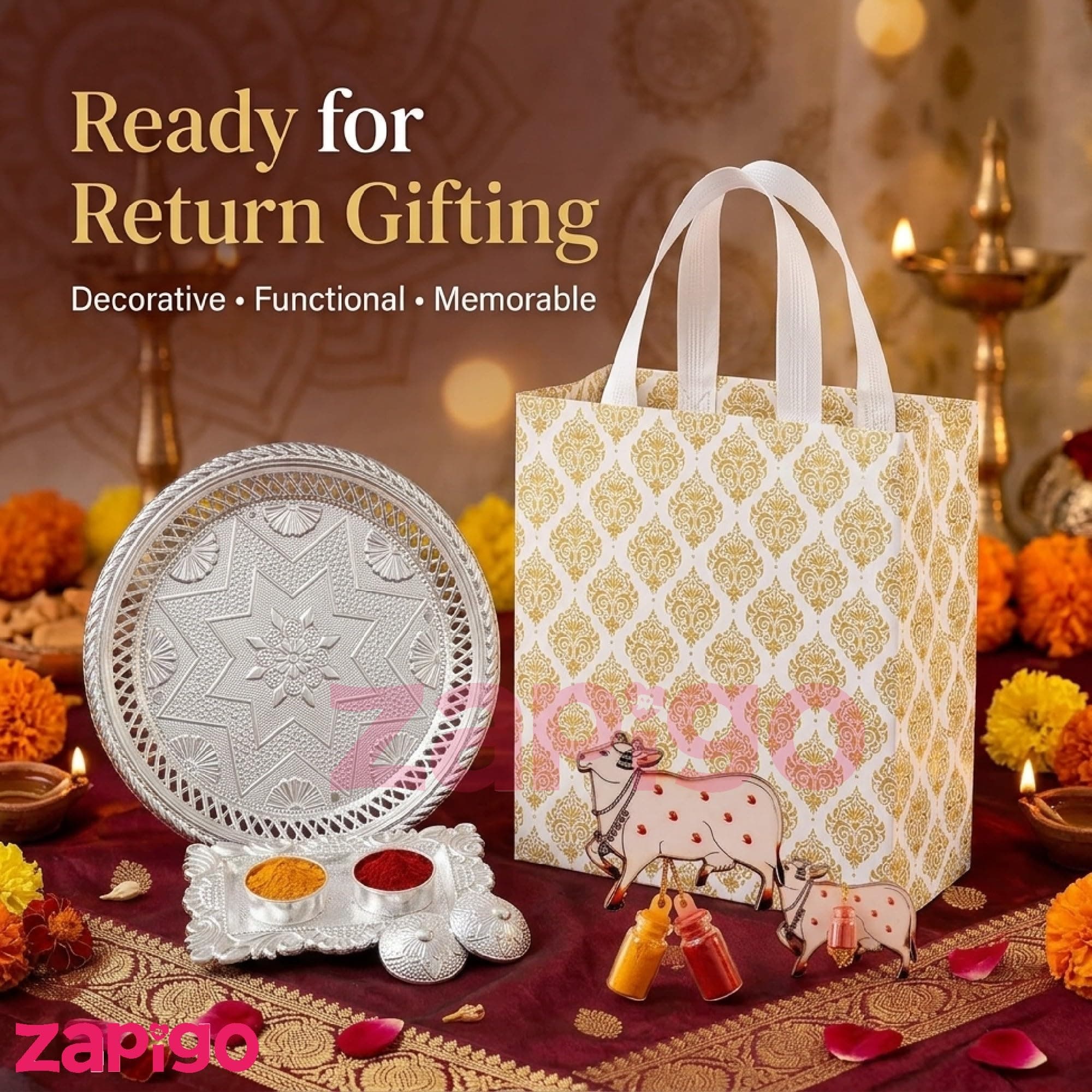 Habba Festive Return Gift Set with Silver Plate, Cow Design Kumkum Holder, Silver Kumkum Set & Laminated Gift Bag, Traditional Haldi Kumkum Return Gift for Diwali, Navratri, Weddings - Pack of 5 thumbnail 5