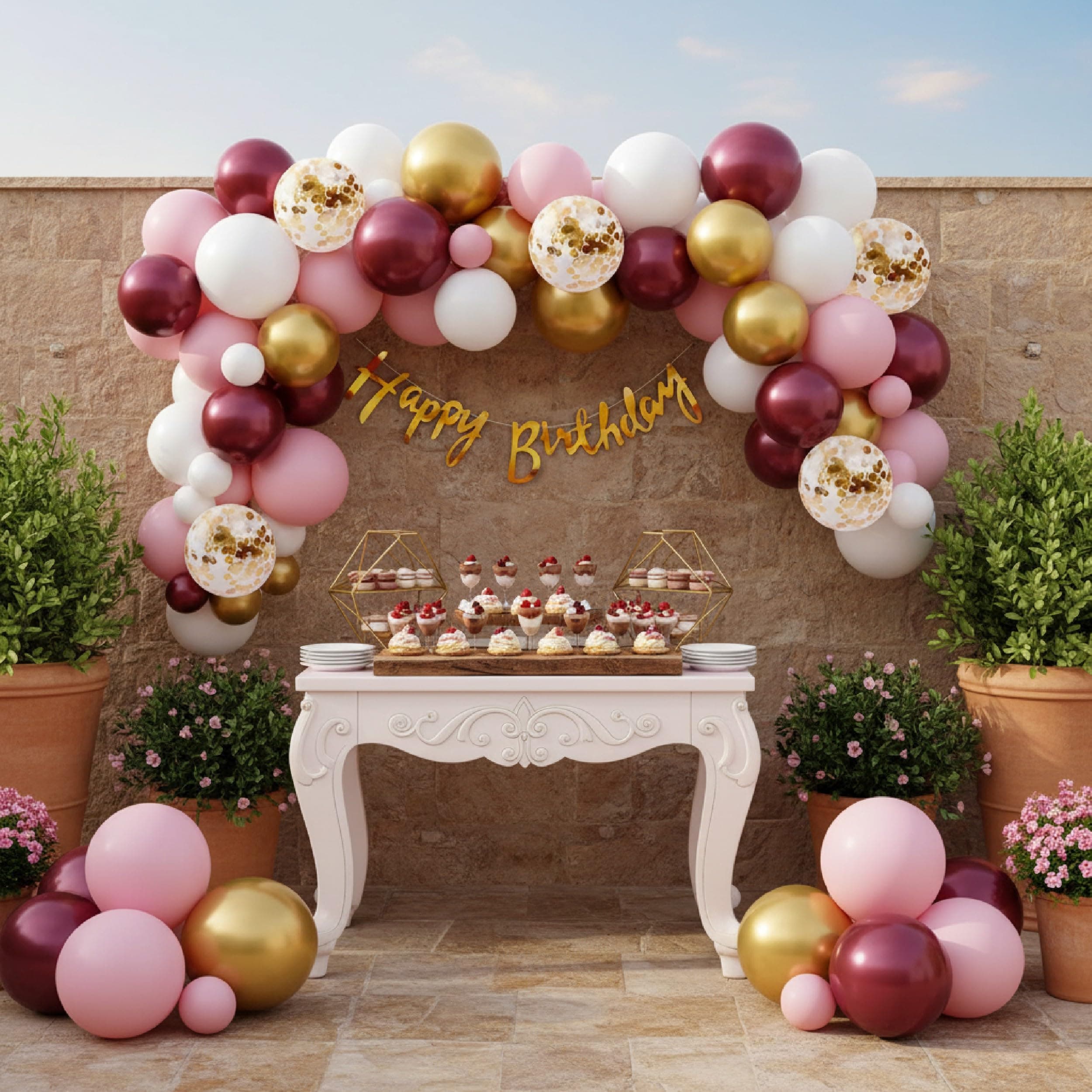 Balloonistics 63 Pcs Burgundy & Pink Birthday Decoration Kit for Women – Happy Birthday Banner, Gold Confetti Balloons & Arch Strip – Elegant Decor for Wife, Mom or Daughter thumbnail 5