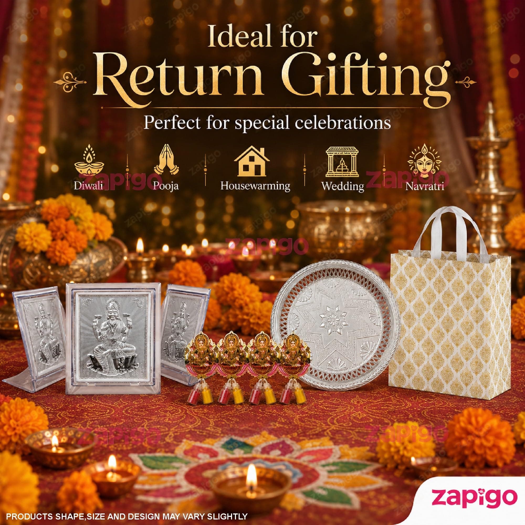 Habba Lakshmi Frame Pooja Return Gift Combo for Women, Lakshmi Kumkum, Silver Plate, Festive Bag, Traditional Haldi Kumkum Tambulam Hamper for Varalakshmi Vratham, Diwali, Weddings, Pack of 5 thumbnail 3