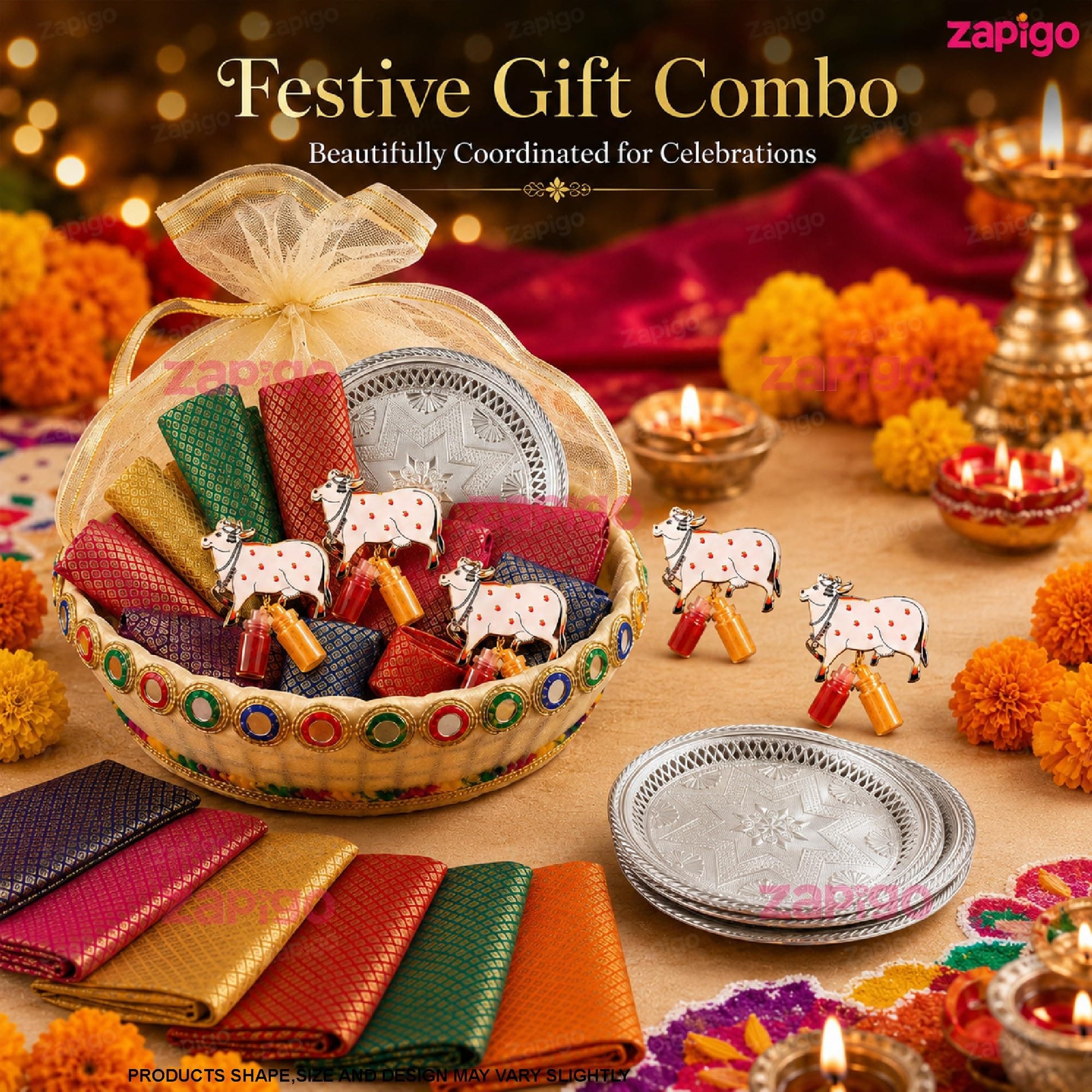 Habba Fruits Basket, Silver Plate, Cow Kumkum & Blouse Piece Pooja Return Gift Combo for Women, Traditional Haldi Kumkum Tambulam Hamper for Weddings, Varalakshmi Vratham, Festivals, Pack of 5 thumbnail 2