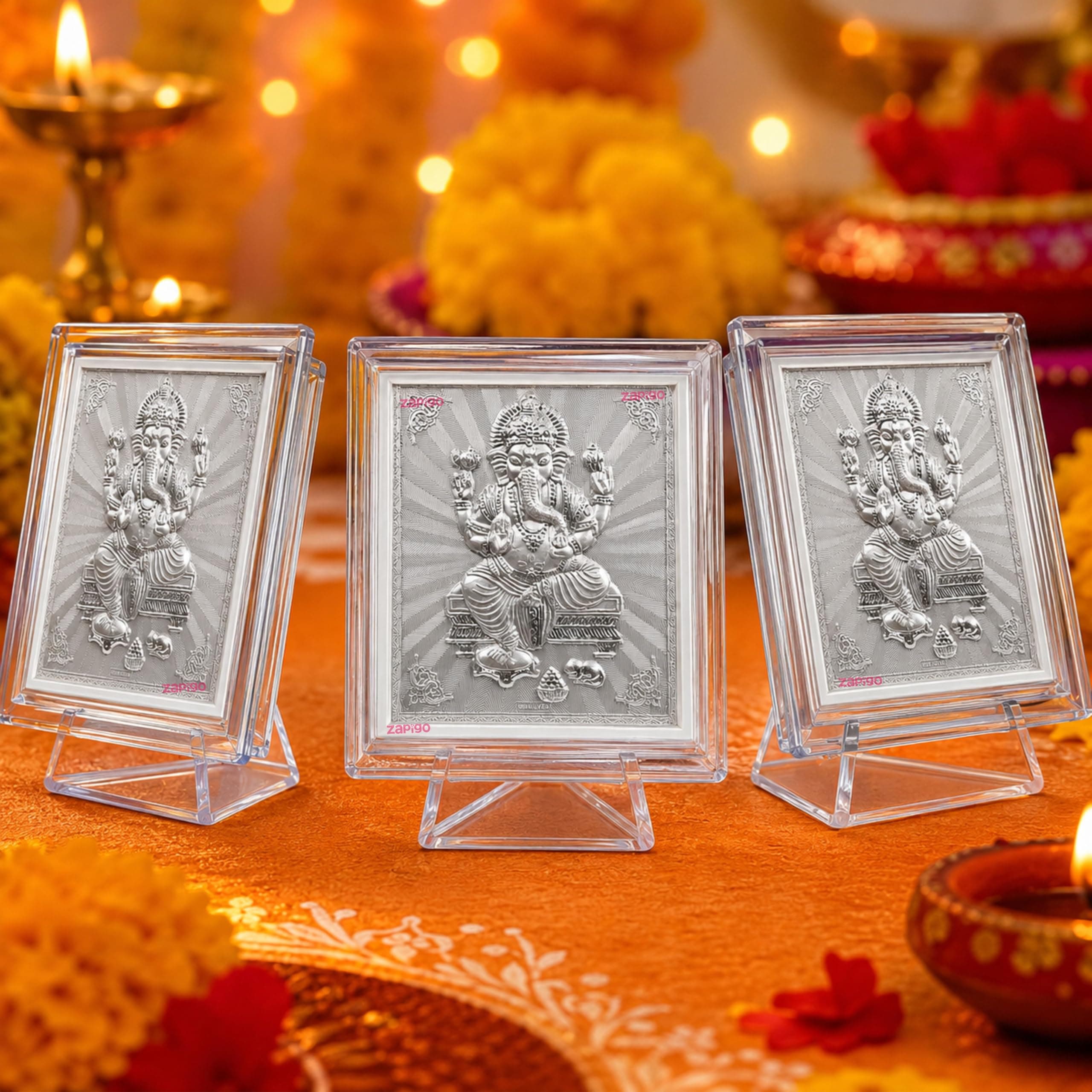 Habba Ganesha Frame Pooja Return Gift Combo for Women, Silver-Finish Vinayaka Acrylic Frame with Stand, Traditional Haldi Kumkum Tambulam Hamper for Ganesh Chaturthi, Gruhapravesam, Pack of 10 thumbnail 1