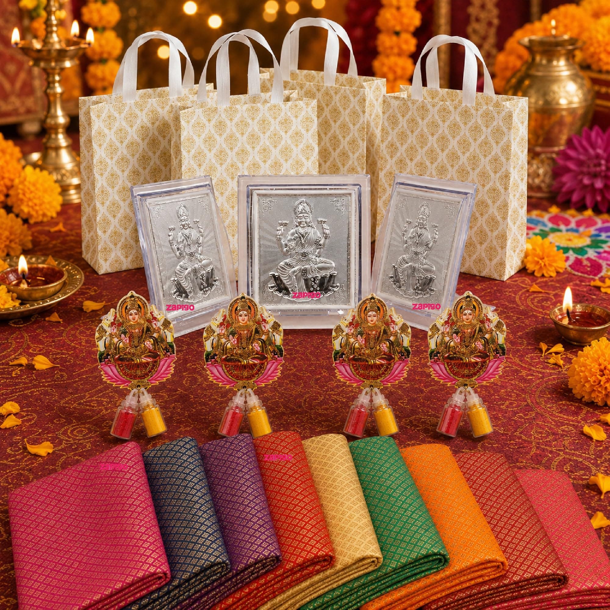 Habba Lakshmi Frame Pooja Return Gift Combo for Women, Lakshmi Kumkum, Carry Bag, Blouse Piece, Traditional Tamboolam Hamper for Varalakshmi Vratham, Weddings, Festivals, Pack of 5 thumbnail 1