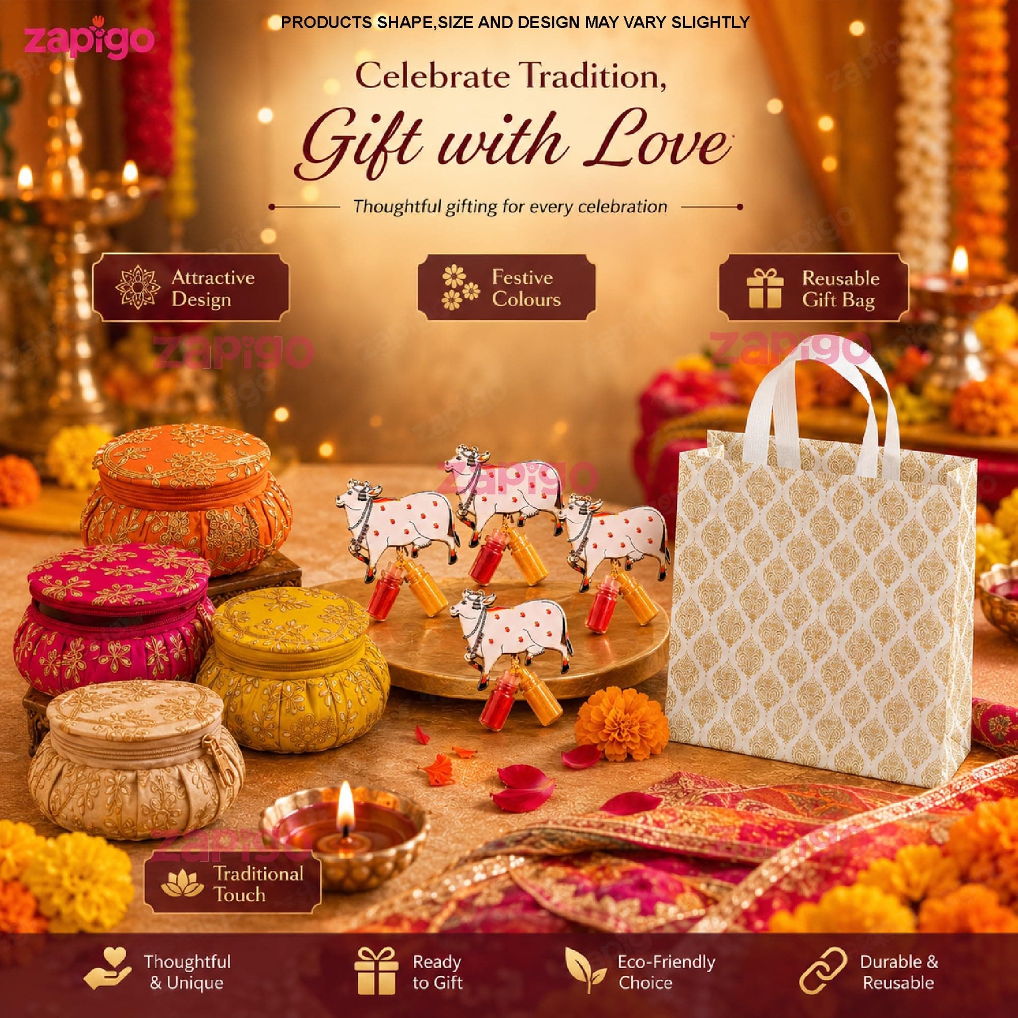 Habba Bangle Box, Cow Kumkum Set and Carry Bag, Traditional Haldi Kumkum Tambulam Hamper for Weddings, Festivals, Baby Showers, Housewarming, Varalakshmi Vratham, Navratri, Deepavali, Pack of 5 thumbnail 7