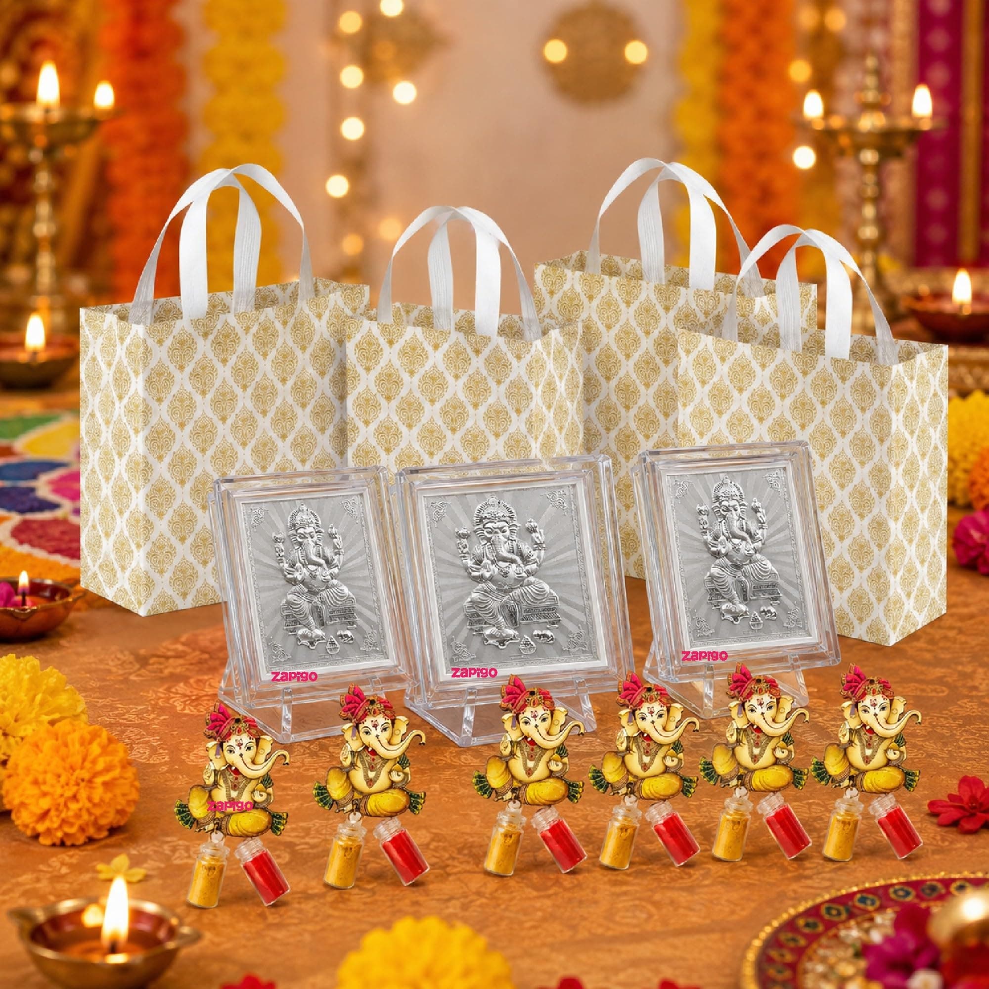 Habba Ganesha Frame Pooja Return Gift Combo with Ganesha Kumkum and Carry Bag, Traditional Haldi Kumkum Tambulam Hamper for Ganesh Chaturthi, Weddings, Gruhapravesam, Pack of 5 thumbnail 1