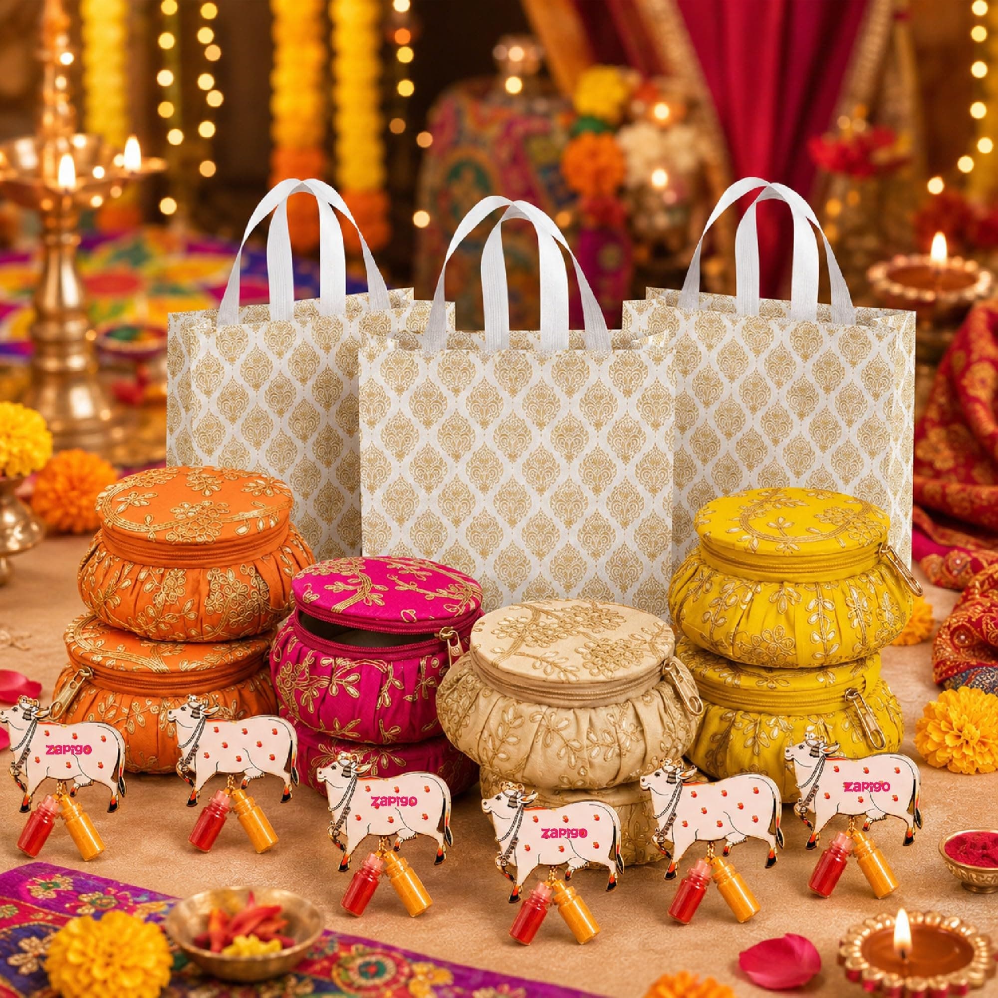 Habba Bangle Box, Cow Kumkum Set and Carry Bag, Traditional Haldi Kumkum Tambulam Hamper for Weddings, Festivals, Baby Showers, Housewarming, Varalakshmi Vratham, Navratri, Deepavali, Pack of 5 thumbnail 1