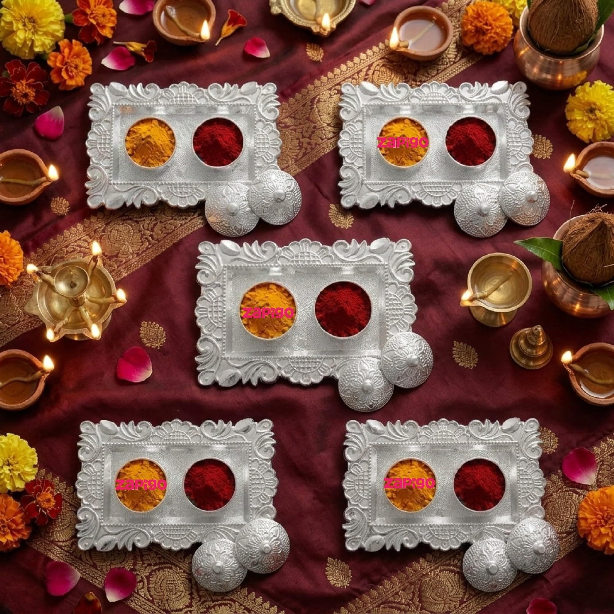 Habba Silver Haldi Kumkum Box with Lid, Decorative Kumkum Holder for Pooja, Traditional Tambulam Return Gift for Diwali, Navratri, Wedding, Housewarming & Festivals - Pack of 5