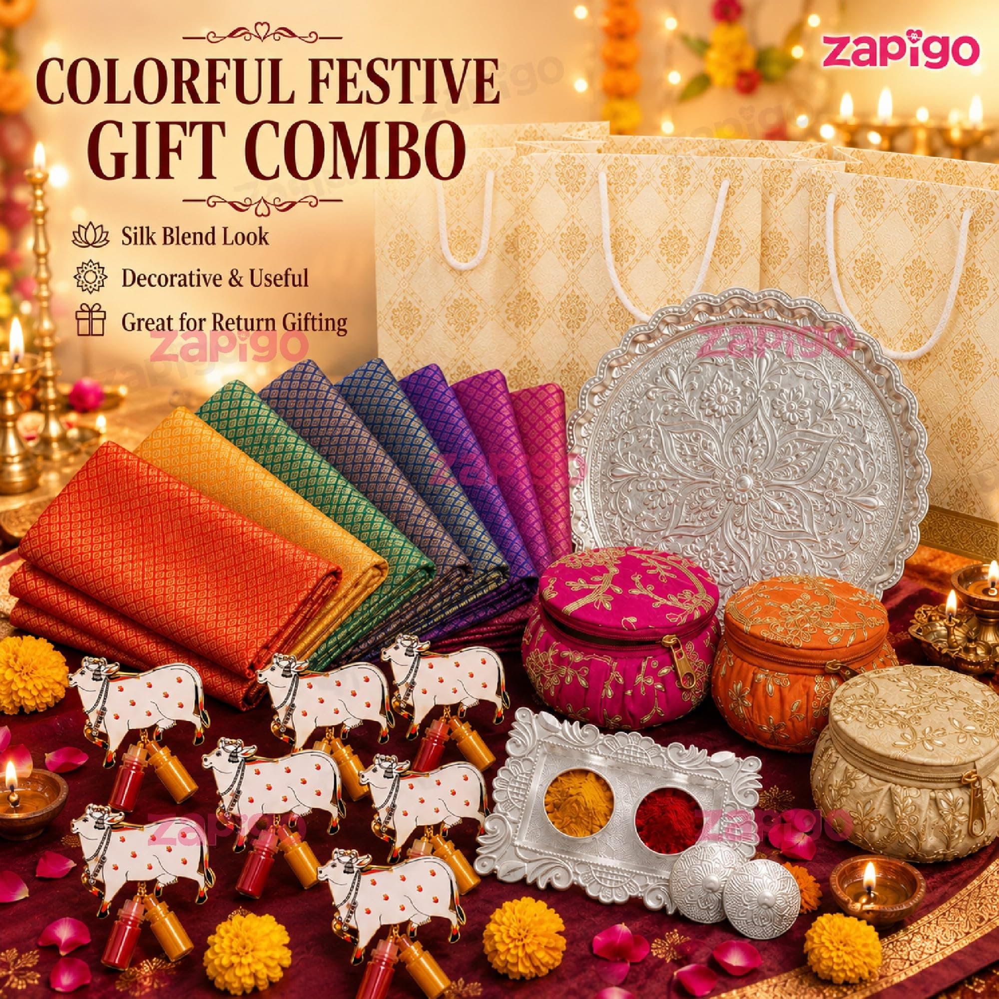 Habba Bangle Box, Cow Kumkum, Blouse Piece, Silver Plate, Silver Stand & Gift Bag, Traditional Haldi Kumkum Tambulam Hamper for Weddings, Varalakshmi Vratham, Baby Showers, Pack of 5 thumbnail 8
