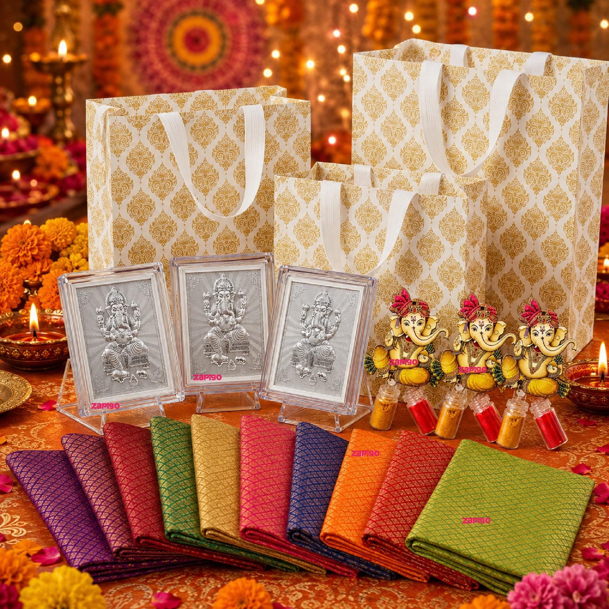 Habba Ganesha Frame Pooja Return Gift Combo for Women, Includes Ganesha Kumkum, Carry Bag, Blouse Piece, Traditional Haldi Kumkum Tambulam Hamper for Ganesh Chaturthi & Festivals, Pack of 5 thumbnail 1