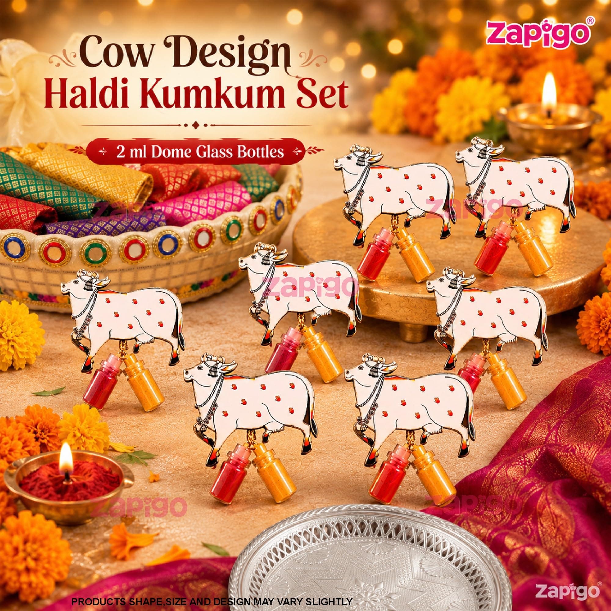 Habba Fruits Basket, Silver Plate, Cow Kumkum & Blouse Piece Pooja Return Gift Combo for Women, Traditional Haldi Kumkum Tambulam Hamper for Weddings, Varalakshmi Vratham, Festivals, Pack of 5 thumbnail 4