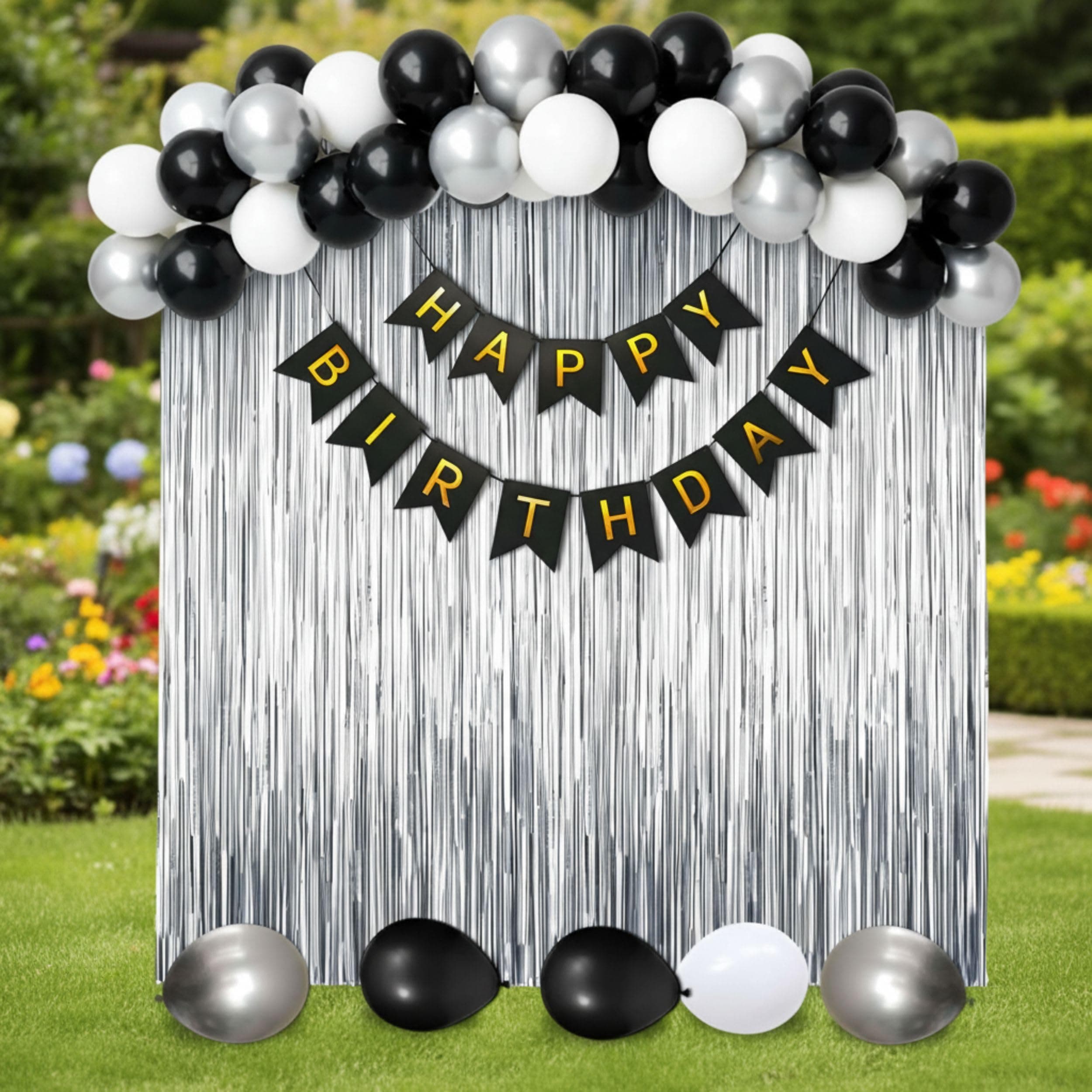 Balloonistics 40 Pcs Black, White & Silver Birthday Decoration Kit – Elegant Aesthetic Party Decor with Happy Birthday Banner, Foil Fringe Curtain, Metallic Balloons & Ribbons thumbnail 3