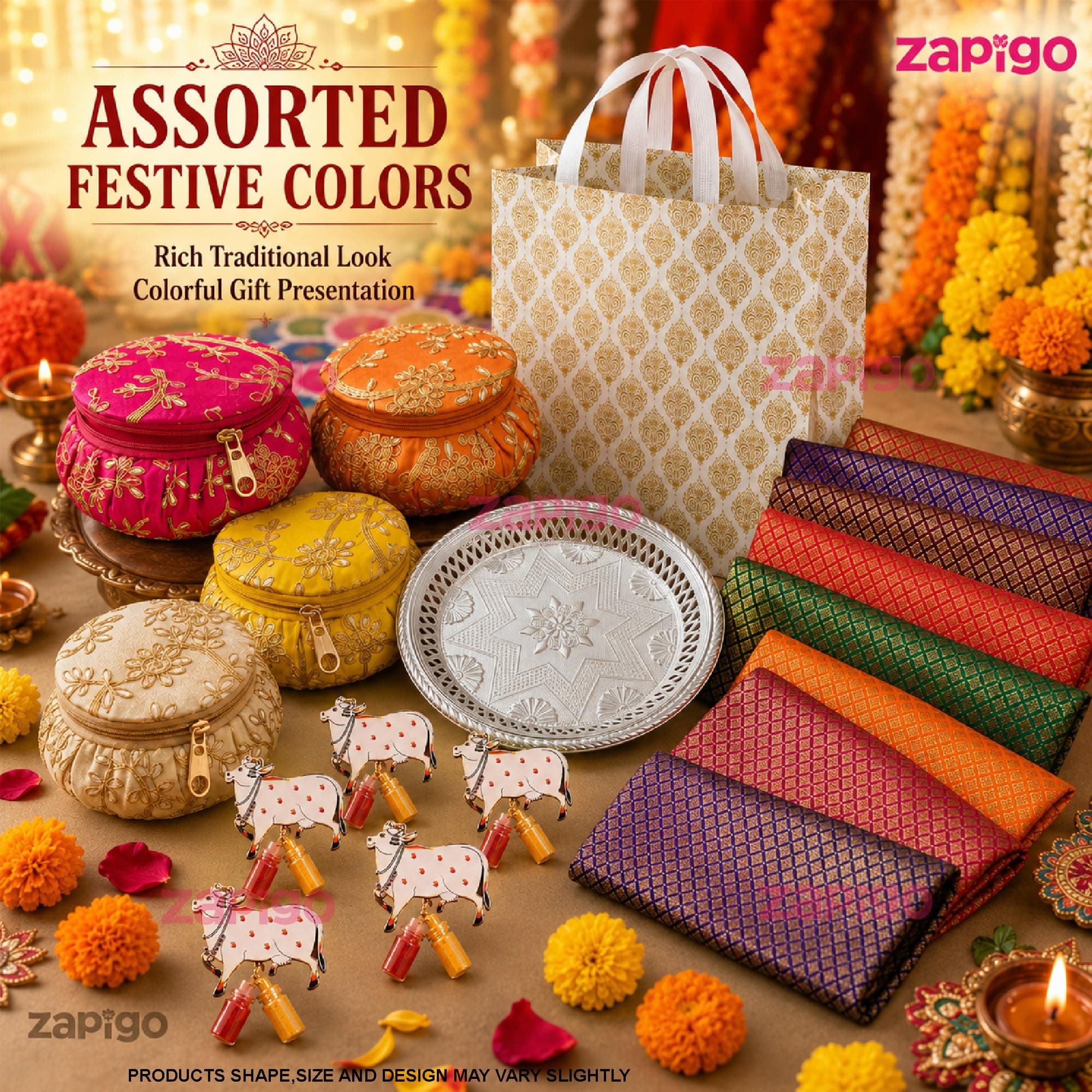 Habba Bangle Box, Cow Kumkum Set, Blouse Piece, Silver Plate & Bag, Traditional Haldi Kumkum Tambulam Hamper for Weddings, Varalakshmi Vratham, Griha Pravesh, Baby Showers & Festivals, Pack of 5 thumbnail 8