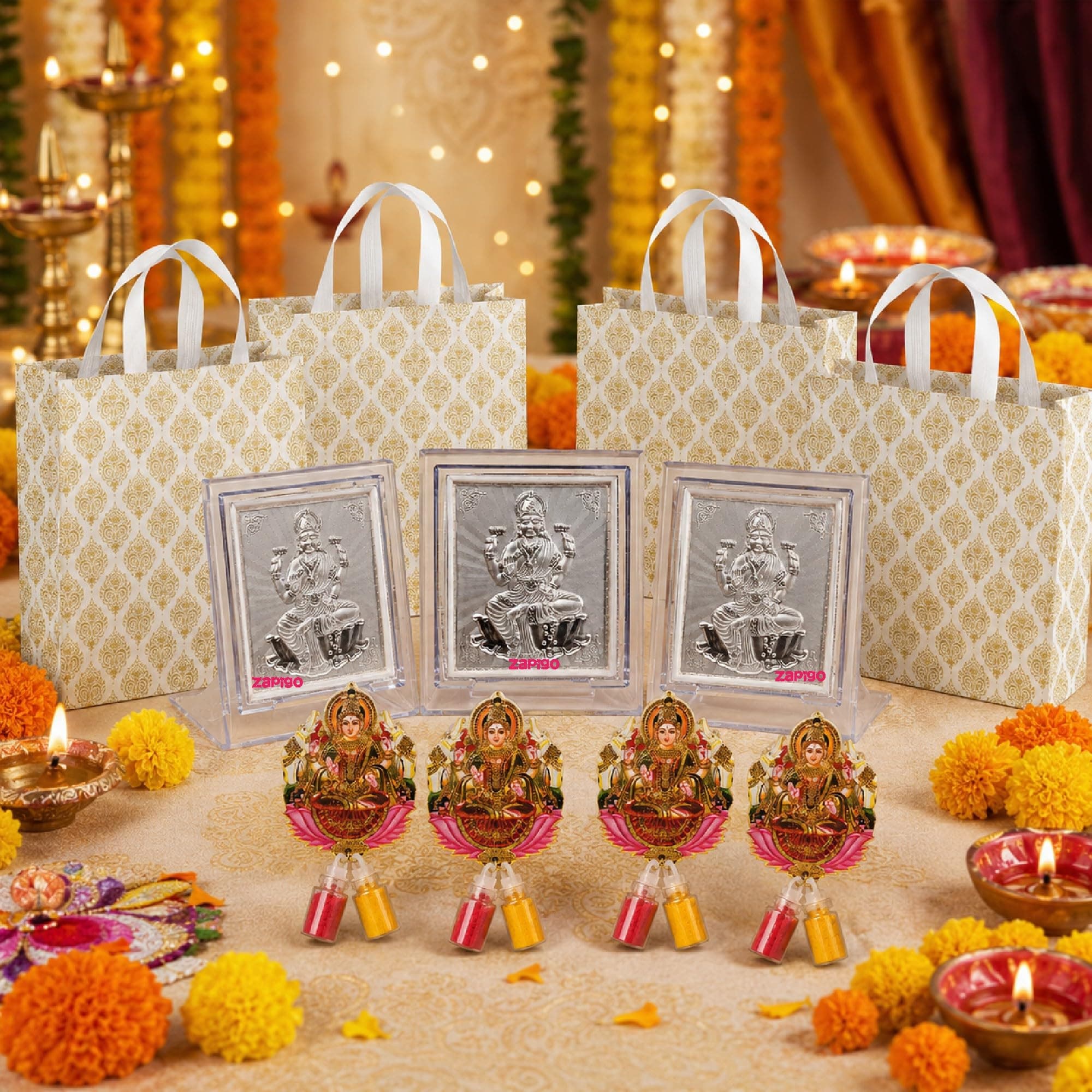 Habba Lakshmi Frame Pooja Return Gift Combo for Women, Lakshmi Kumkum Set, Festive Carry Bag, Traditional Haldi Kumkum Tambulam Hamper for Varalakshmi Vratham, Deepavali, Weddings, Pack of 5 thumbnail 1