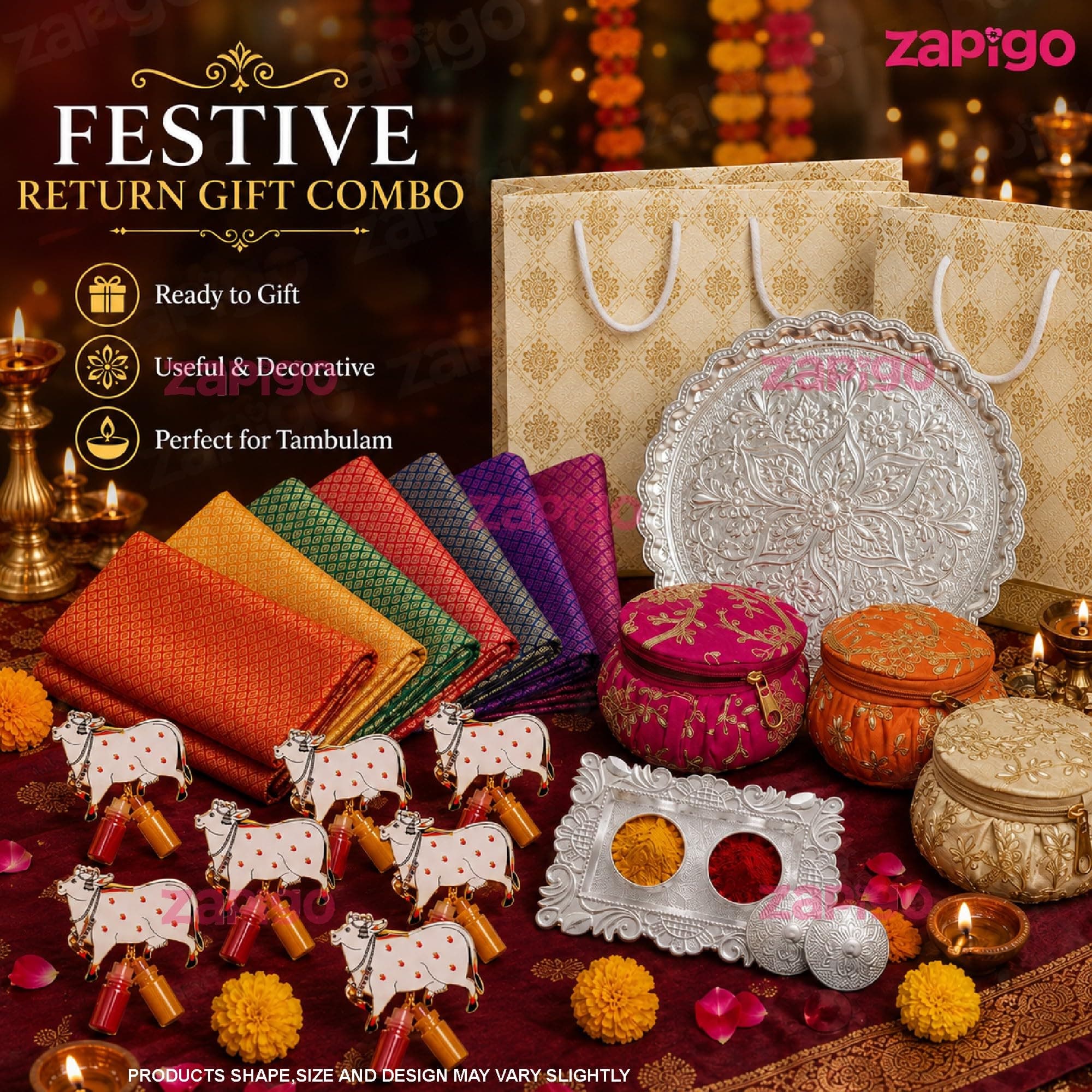 Habba Bangle Box, Cow Kumkum, Blouse Piece, Silver Plate, Silver Stand & Gift Bag, Traditional Haldi Kumkum Tambulam Hamper for Weddings, Varalakshmi Vratham, Baby Showers, Pack of 5 thumbnail 4
