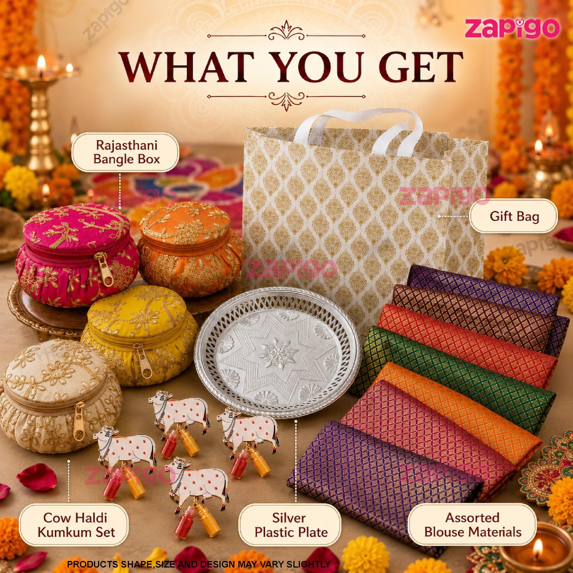 Habba Bangle Box, Cow Kumkum Set, Blouse Piece, Silver Plate & Bag, Traditional Haldi Kumkum Tambulam Hamper for Weddings, Varalakshmi Vratham, Griha Pravesh, Baby Showers & Festivals, Pack of 5 thumbnail 2