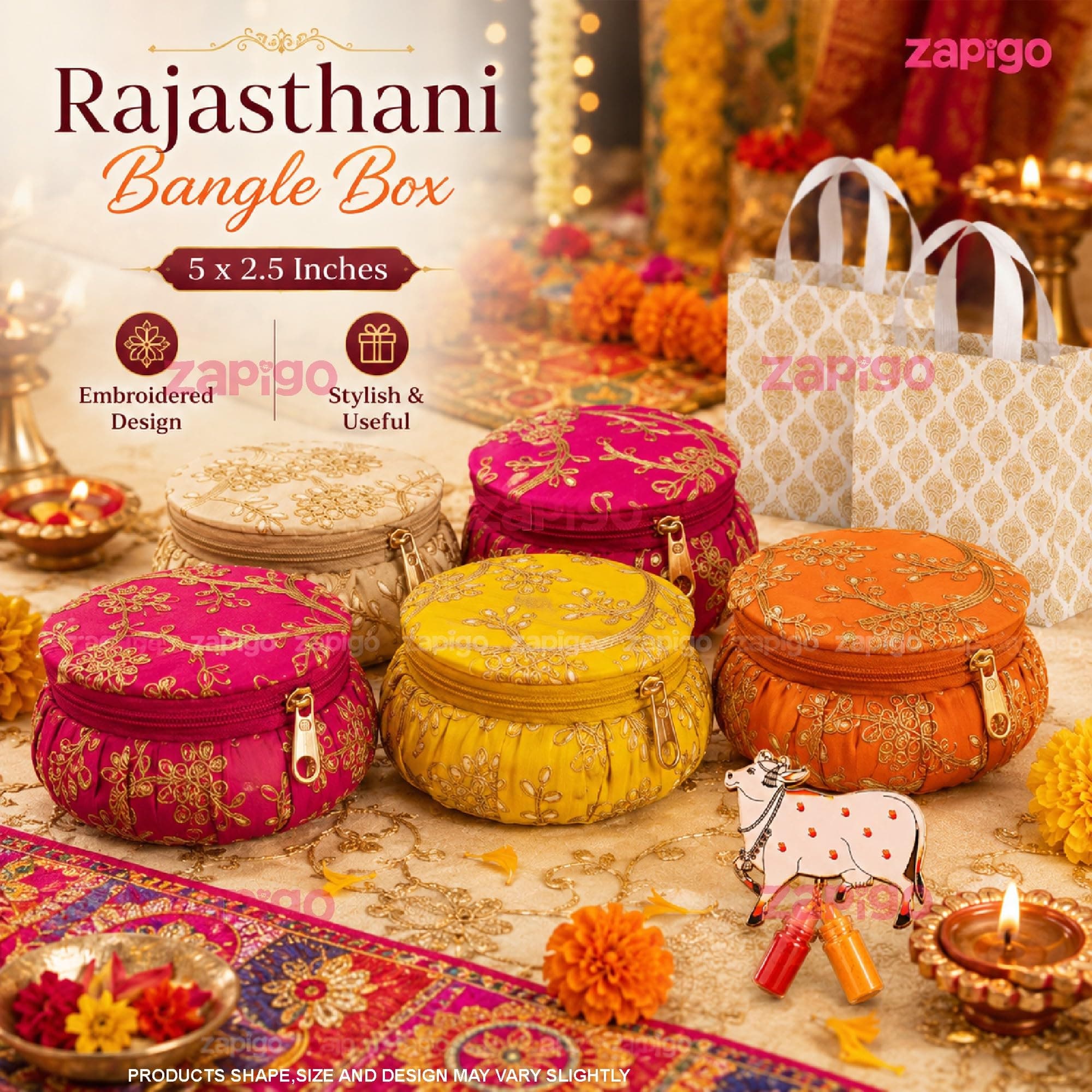 Habba Bangle Box, Cow Kumkum Set and Carry Bag, Traditional Haldi Kumkum Tambulam Hamper for Weddings, Festivals, Baby Showers, Housewarming, Varalakshmi Vratham, Navratri, Deepavali, Pack of 5 thumbnail 4