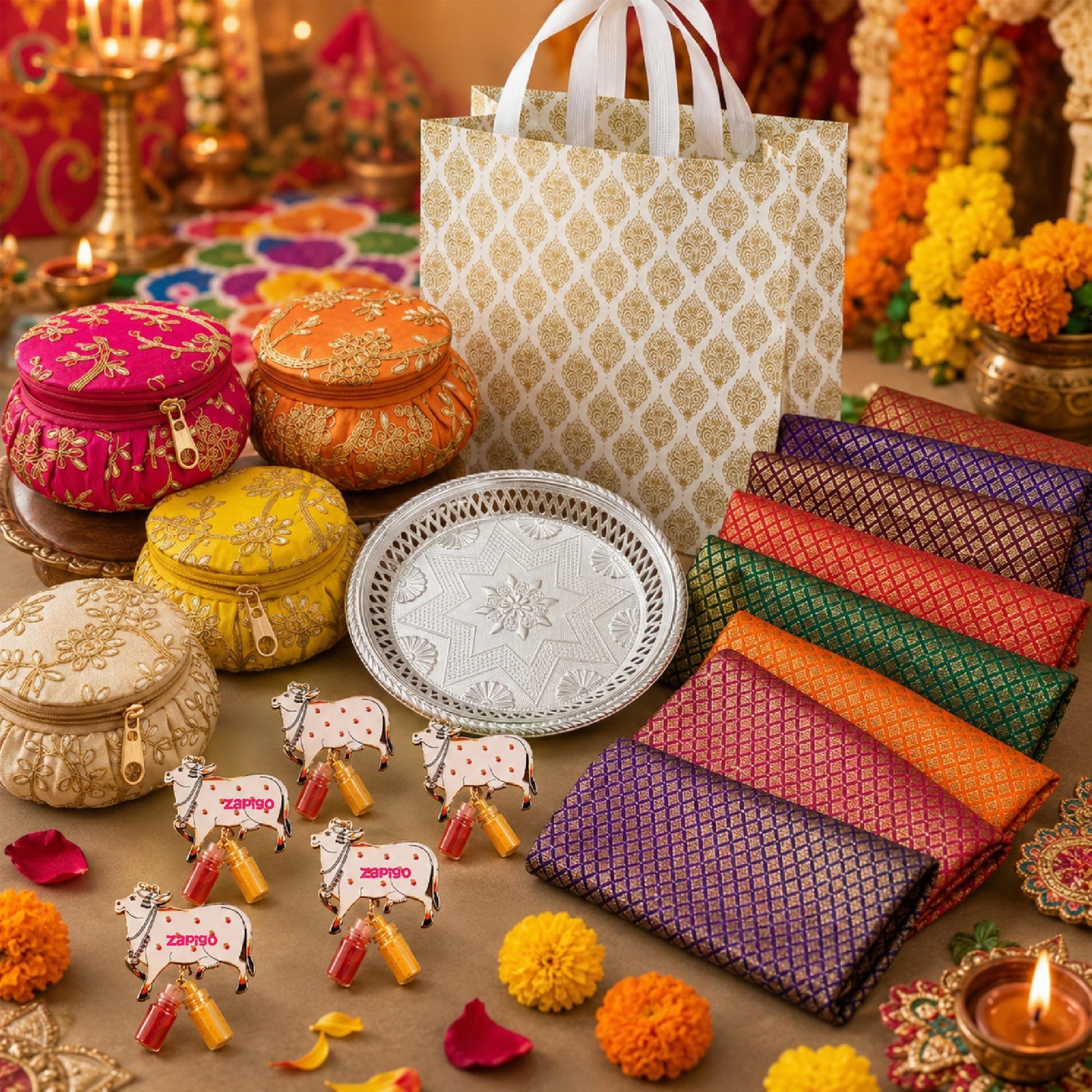 Habba Bangle Box, Cow Kumkum Set, Blouse Piece, Silver Plate & Bag, Traditional Haldi Kumkum Tambulam Hamper for Weddings, Varalakshmi Vratham, Griha Pravesh, Baby Showers & Festivals, Pack of 5 thumbnail 1