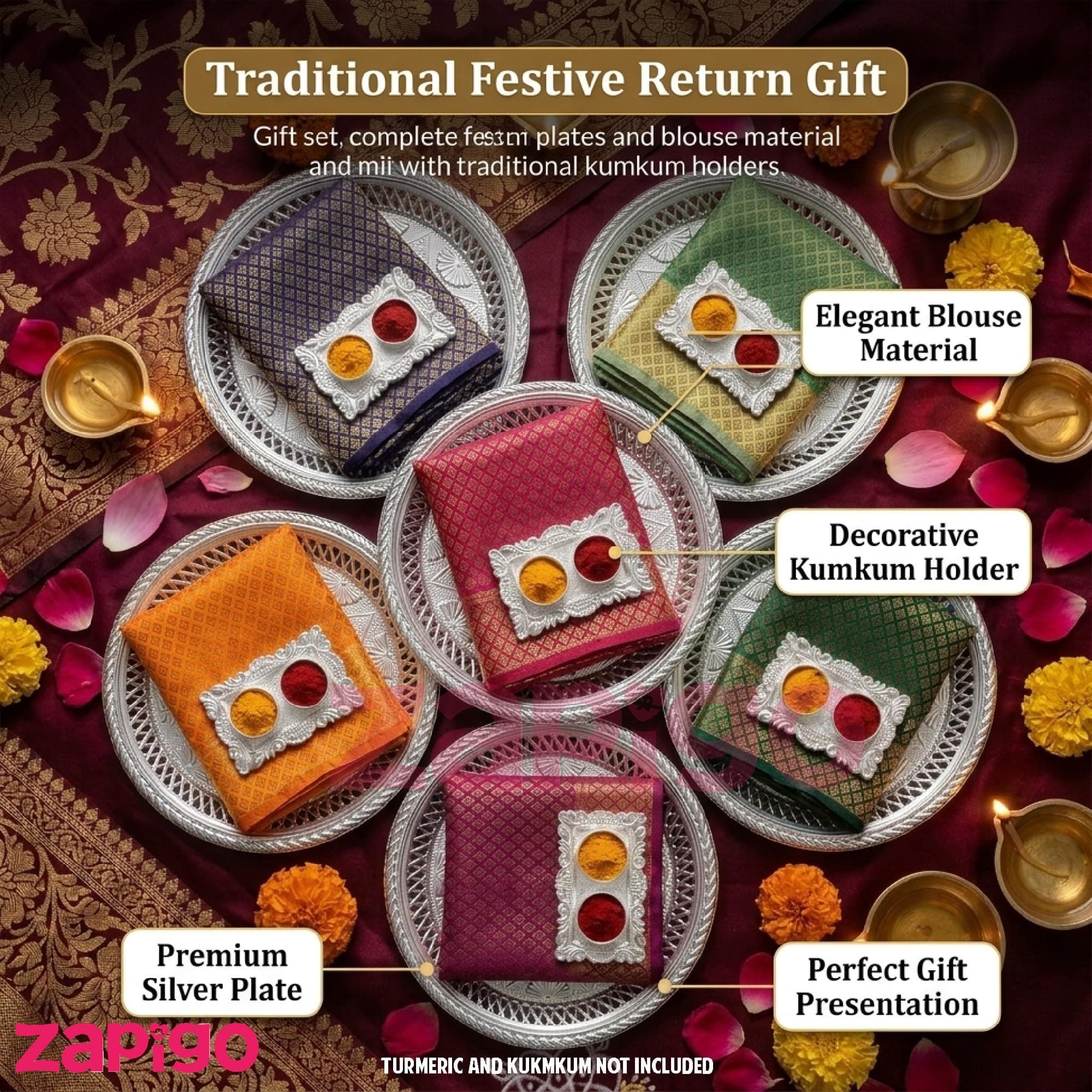 Habba Blouse Piece with Silver Plate & Kumkum Silver Box, Silk Blend Blouse Material, Traditional Haldi Kumkum Pooja Return Gift for Diwali, Navratri, Wedding, Housewarming & Festivals - Pack of 10 thumbnail 5