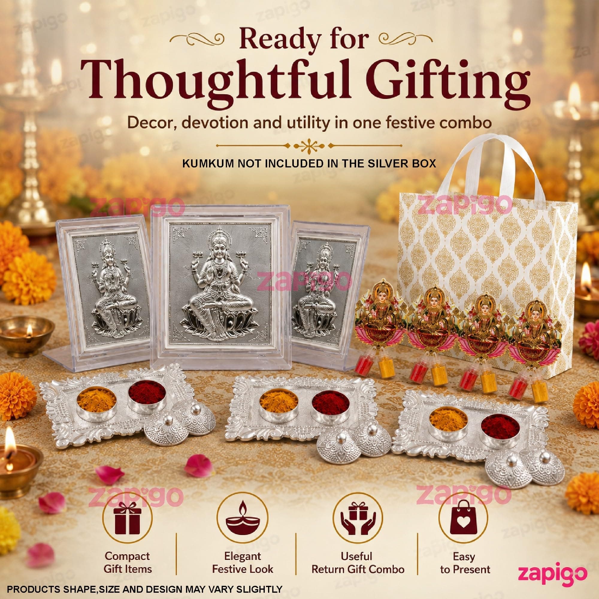 Habba Lakshmi Frame Pooja Return Gift Combo for Women, Lakshmi Kumkum, Carry Bag, Kumkum Set, Traditional Haldi Kumkum Tambulam Hamper for Varalakshmi Vratham, Weddings, Festivals, Pack of 5 thumbnail 8