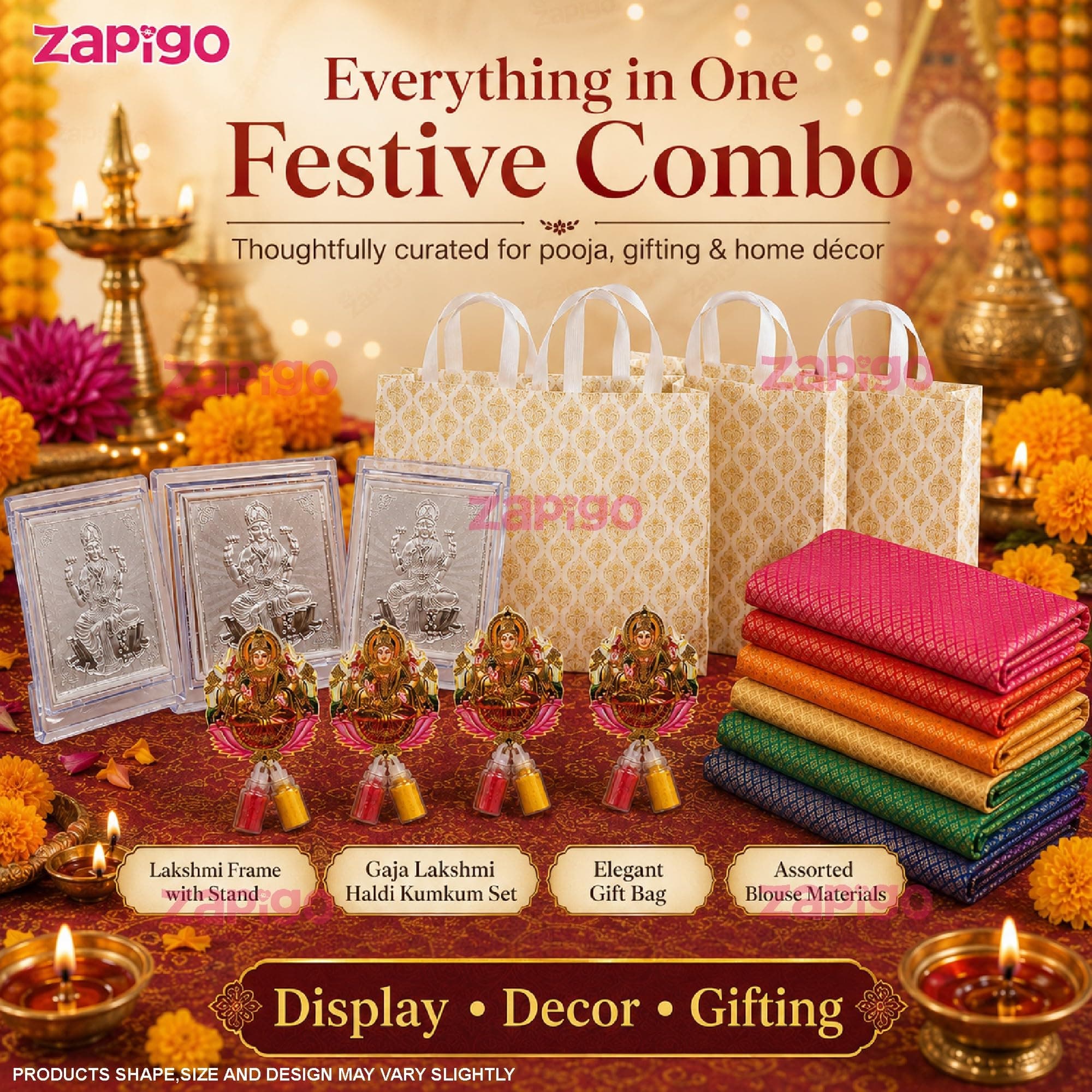 Habba Lakshmi Frame Pooja Return Gift Combo for Women, Lakshmi Kumkum, Carry Bag, Blouse Piece, Traditional Tamboolam Hamper for Varalakshmi Vratham, Weddings, Festivals, Pack of 5 thumbnail 2