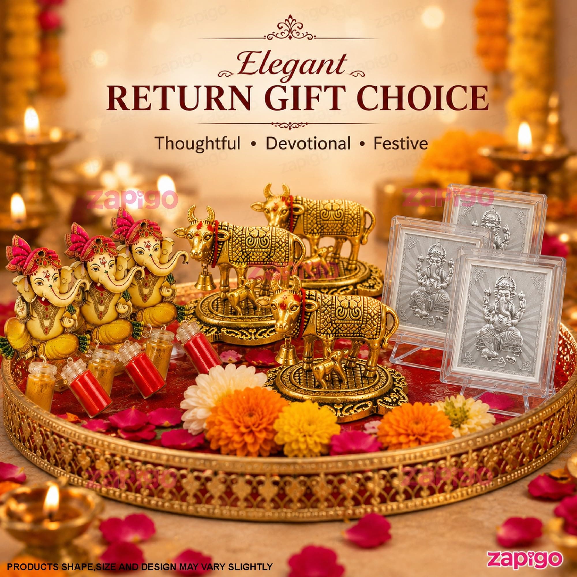 Habba Ganesha Frame with Kumkum Set and Cow Statue, Traditional Haldi Kumkum Tambulam Hamper for Ganesh Chaturthi, Varalakshmi Vratham, Weddings, Baby Showers, Griha Pravesh, Festivals, Pack of 5 thumbnail 5