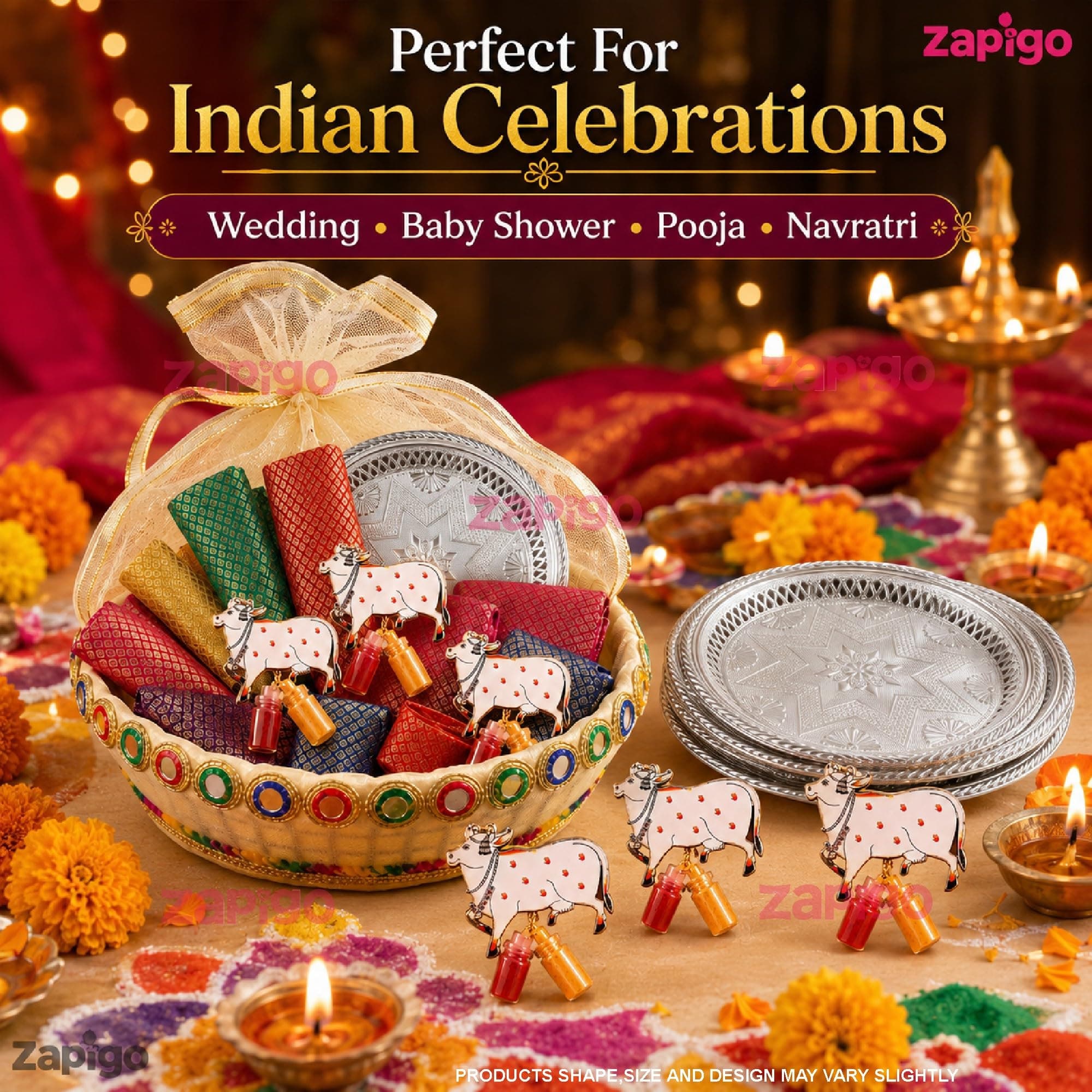 Habba Fruits Basket, Silver Plate, Cow Kumkum & Blouse Piece Pooja Return Gift Combo for Women, Traditional Haldi Kumkum Tambulam Hamper for Weddings, Varalakshmi Vratham, Festivals, Pack of 5 thumbnail 8