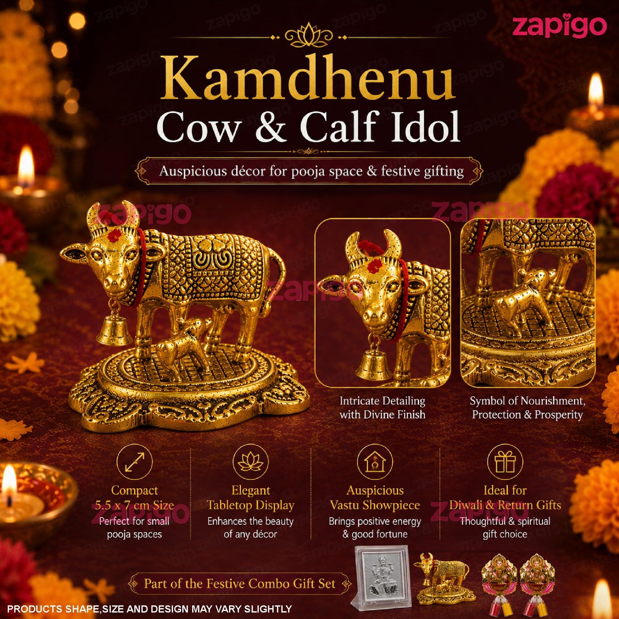 Habba Lakshmi Frame with Silver-Finish Stand, Lakshmi Kumkum Set & Gold Cow Statue, Traditional Haldi Kumkum Tambulam Hamper for Varalakshmi Vratham, Deepavali & Weddings, Pack of 5 thumbnail 7