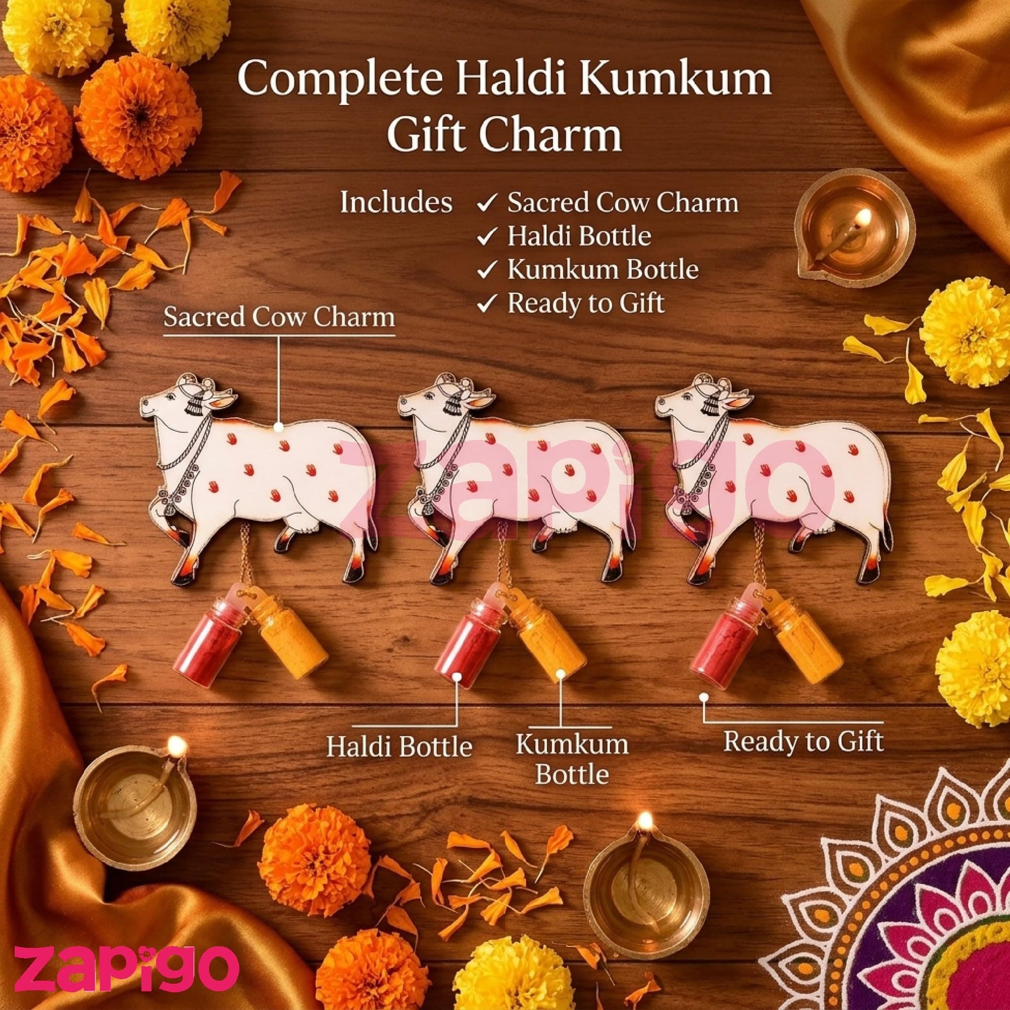 Habba Cow Design Haldi Kumkum Set, Pasupu Kumkum Dome Glass Bottle, Traditional Pooja Return Gift for Diwali, Navratri, Varalakshmi Vratham, Wedding & Festivals - Pack of 5 thumbnail 7