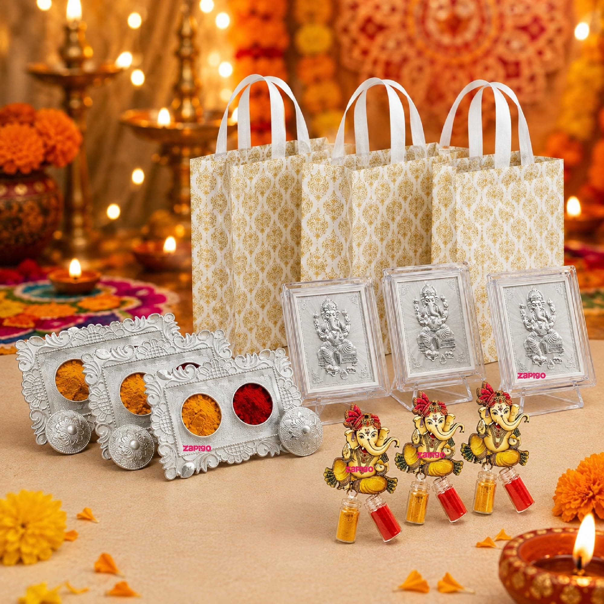 Habba Ganesha Frame Pooja Return Gift Combo for Women, Ganesha Kumkum, Kumkum Set, Carry Bag, Traditional Haldi Kumkum Tambulam Hamper for Ganesh Chaturthi, Weddings, Festivals, Pack of 5 thumbnail 1