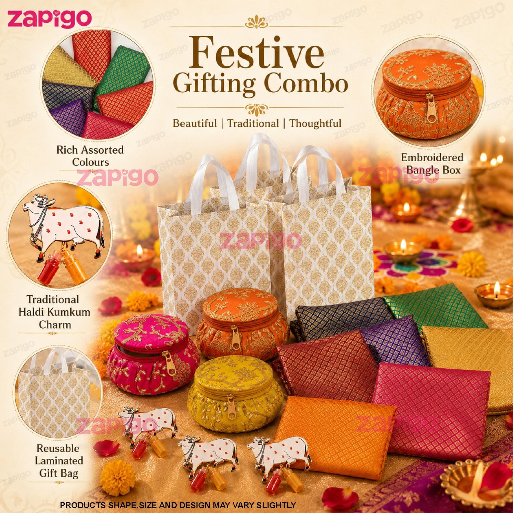 Habba Bangle Box, Cow Kumkum Set, Blouse Piece & Carry Bag Combo, Traditional Haldi Kumkum Tambulam Hamper for Weddings, Varalakshmi Vratham, Griha Pravesh & Festivals, Pack of 5 thumbnail 5