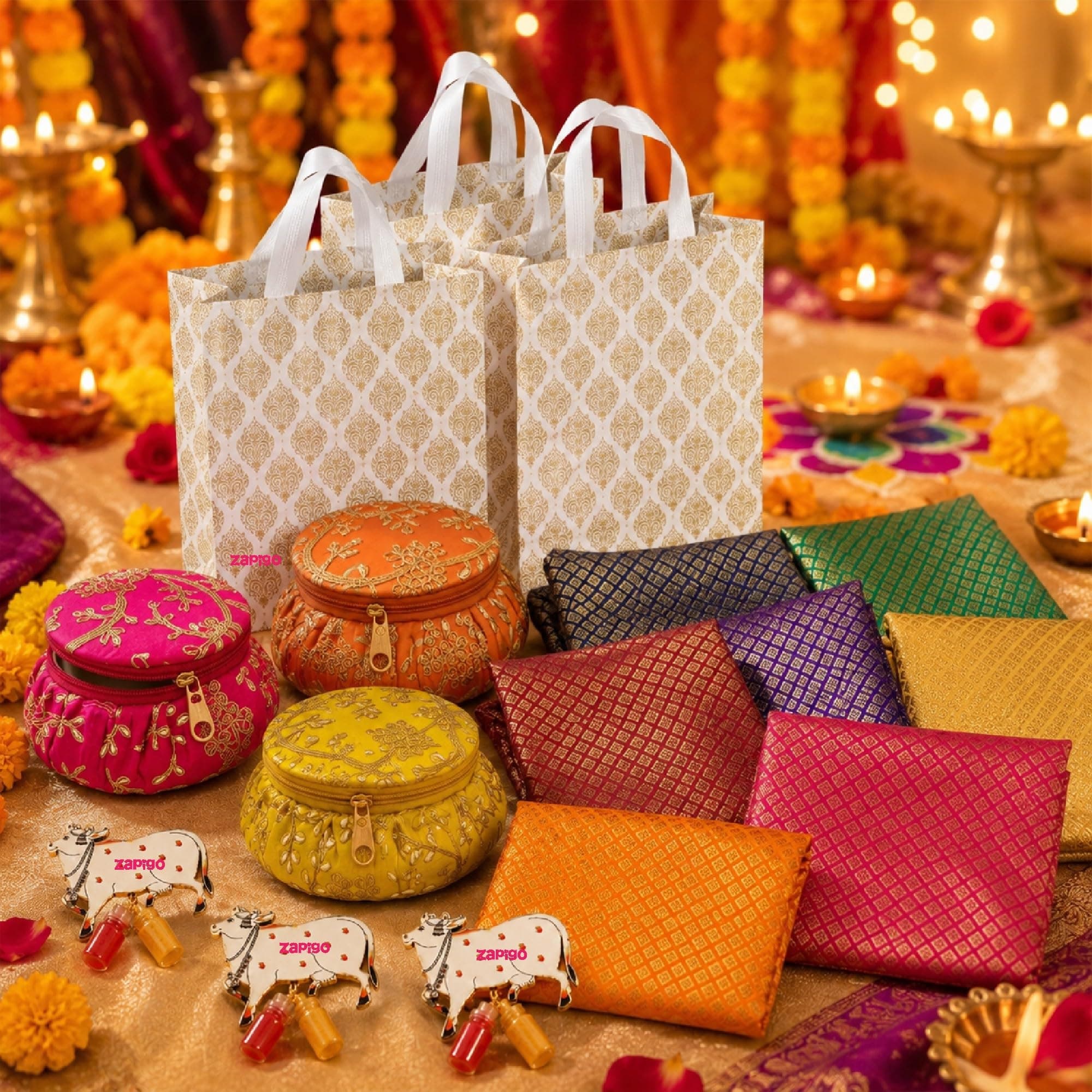 Habba Bangle Box, Cow Kumkum Set, Blouse Piece & Carry Bag Combo, Traditional Haldi Kumkum Tambulam Hamper for Weddings, Varalakshmi Vratham, Griha Pravesh & Festivals, Pack of 5 thumbnail 1