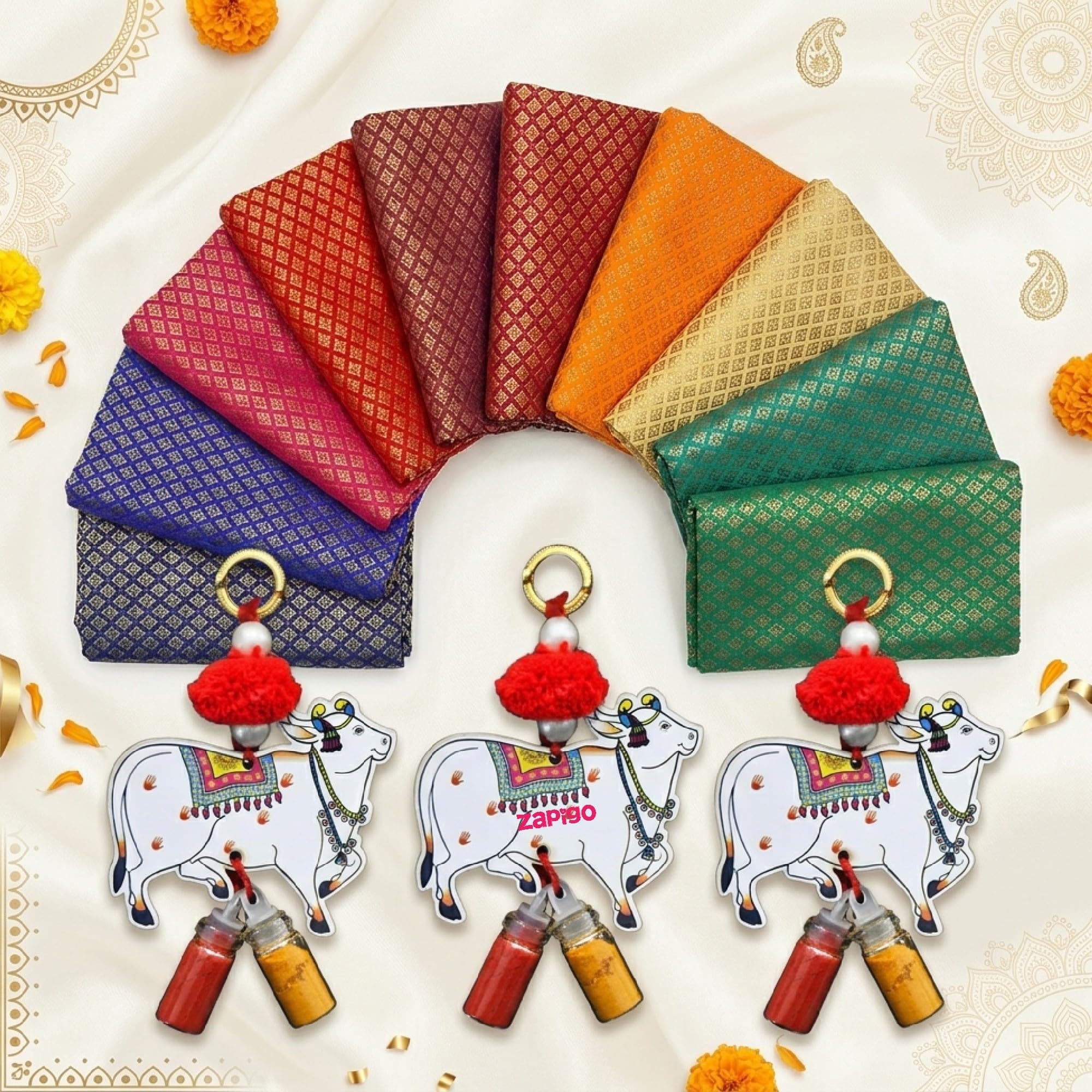 Habba Blouse Piece with Cow Design Silver Kumkum Set, Pasupu Kumkum Dome Glass Bottle, Traditional Haldi Kumkum Return Gift for Diwali, Navratri, Wedding, Pooja, Housewarming & Festivals - Pack of 10