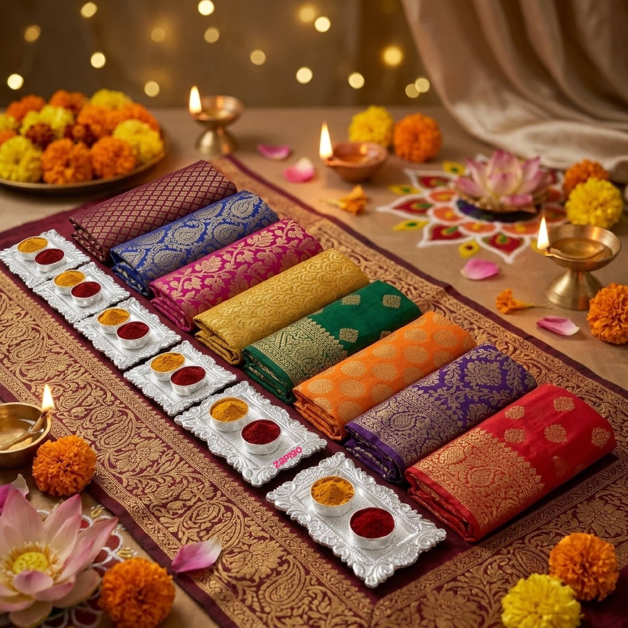 Habba Blouse Piece with Silver Kumkum Box for Women, Silk Blend Fabric & Decorative Haldi Kumkum Holder, Traditional Tambulam Return Gift for Pooja, Diwali, Navratri, Wedding - Pack of 10
