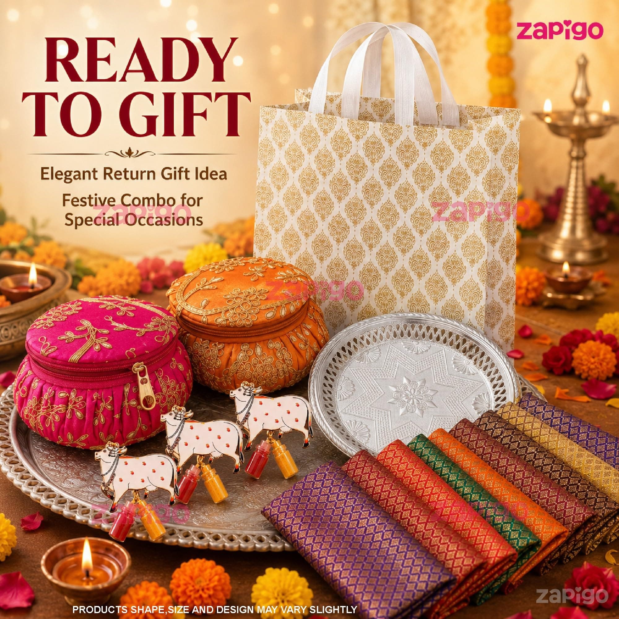 Habba Bangle Box, Cow Kumkum Set, Blouse Piece, Silver Plate & Bag, Traditional Haldi Kumkum Tambulam Hamper for Weddings, Varalakshmi Vratham, Griha Pravesh, Baby Showers & Festivals, Pack of 5 thumbnail 7
