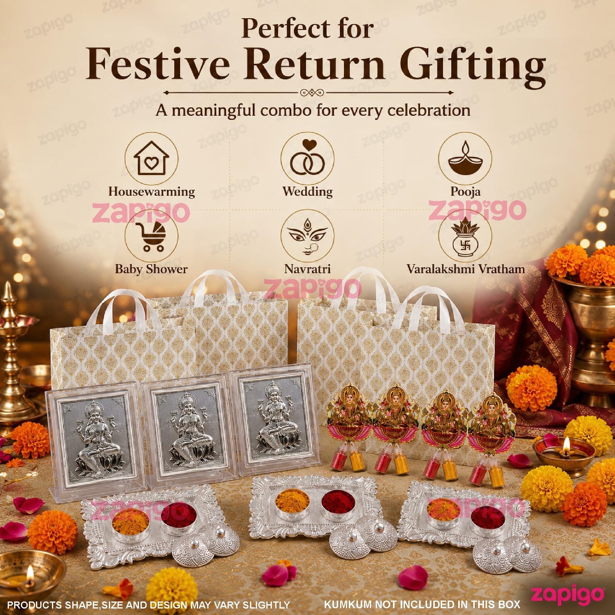 Habba Lakshmi Frame Pooja Return Gift Combo for Women, Lakshmi Kumkum, Carry Bag, Kumkum Set, Traditional Haldi Kumkum Tambulam Hamper for Varalakshmi Vratham, Weddings, Festivals, Pack of 5 thumbnail 7