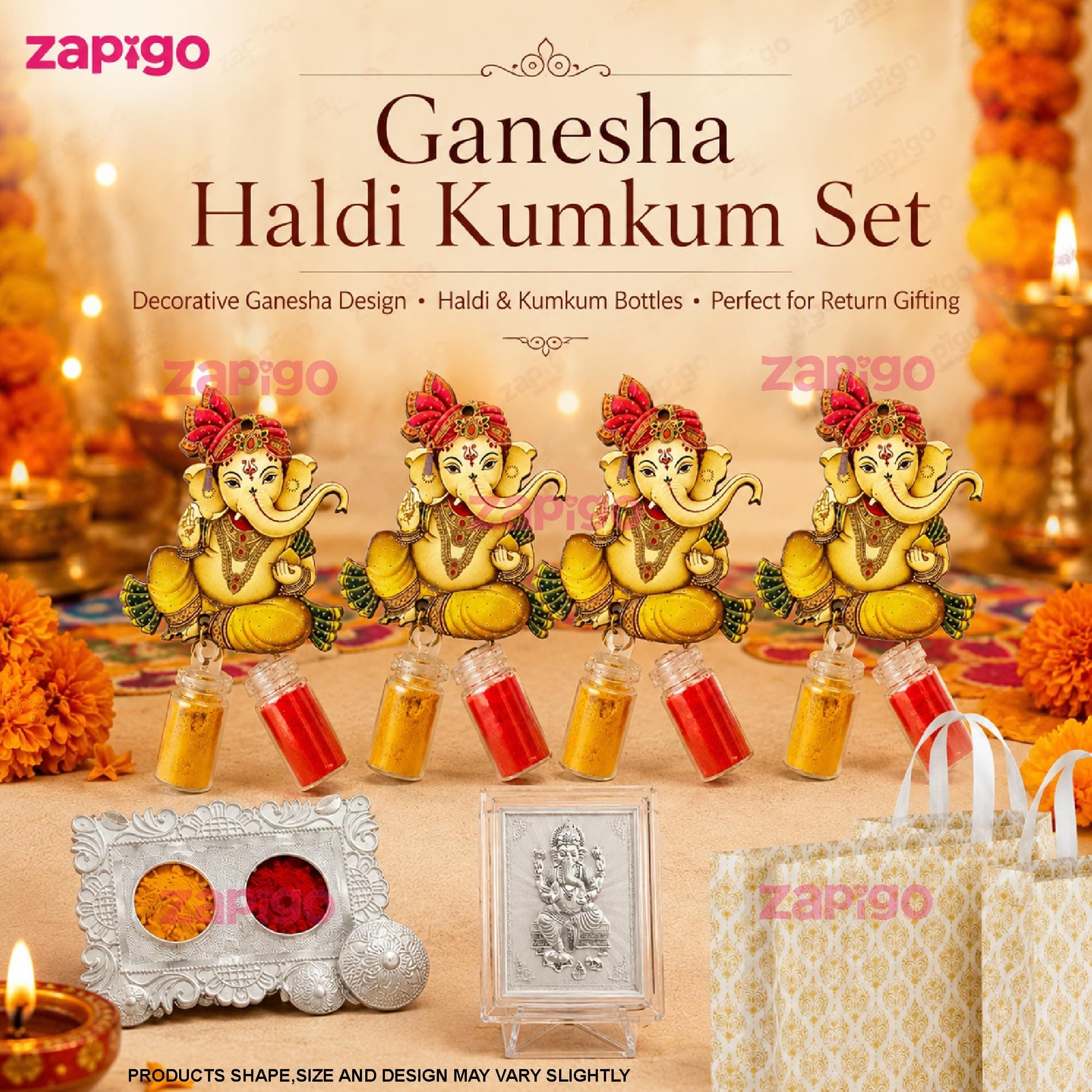 Habba Ganesha Frame Pooja Return Gift Combo for Women, Ganesha Kumkum, Kumkum Set, Carry Bag, Traditional Haldi Kumkum Tambulam Hamper for Ganesh Chaturthi, Weddings, Festivals, Pack of 5 thumbnail 6