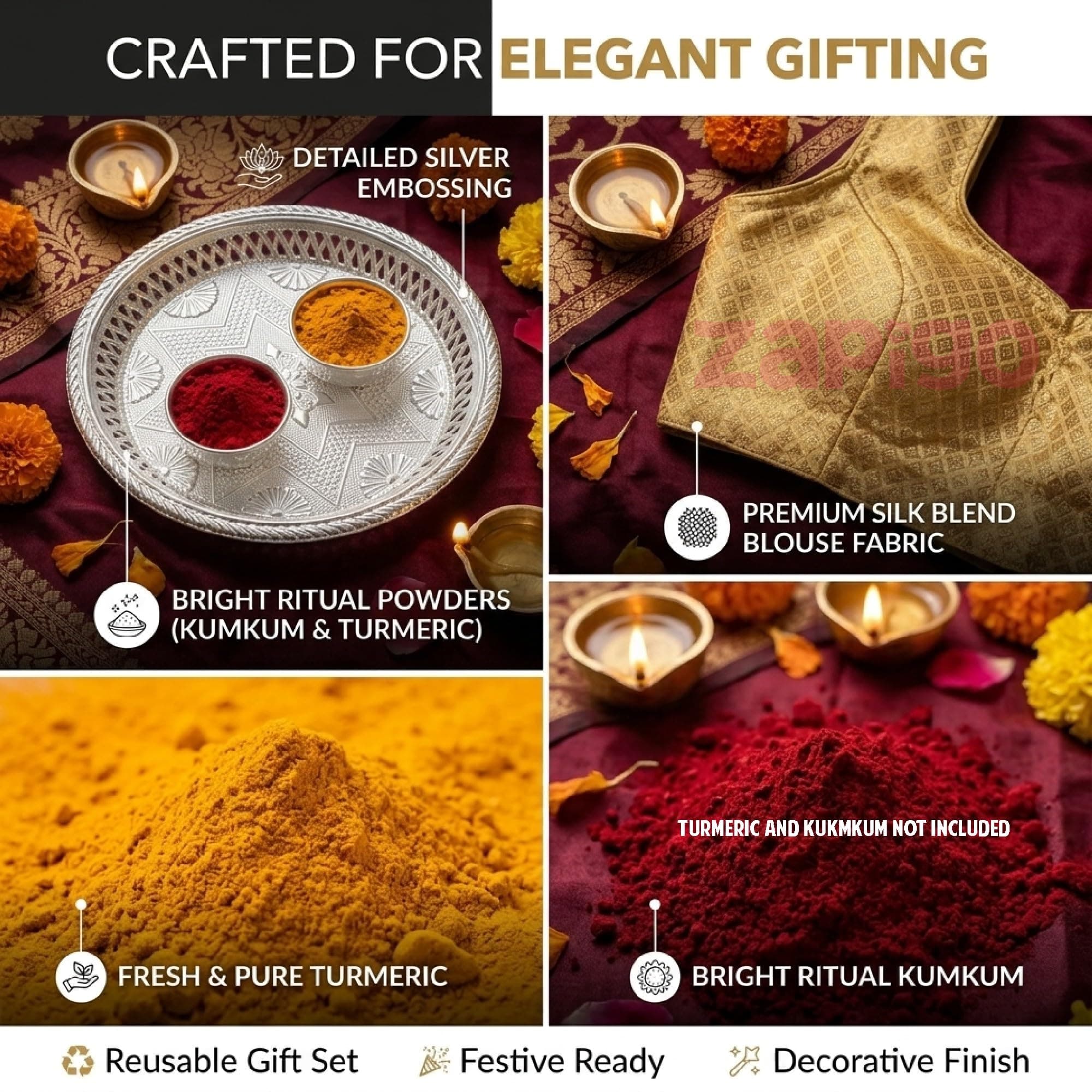 Habba Blouse Piece with Silver Plate & Kumkum Silver Box, Silk Blend Blouse Material, Traditional Haldi Kumkum Pooja Return Gift for Diwali, Navratri, Wedding, Housewarming & Festivals - Pack of 10 thumbnail 8