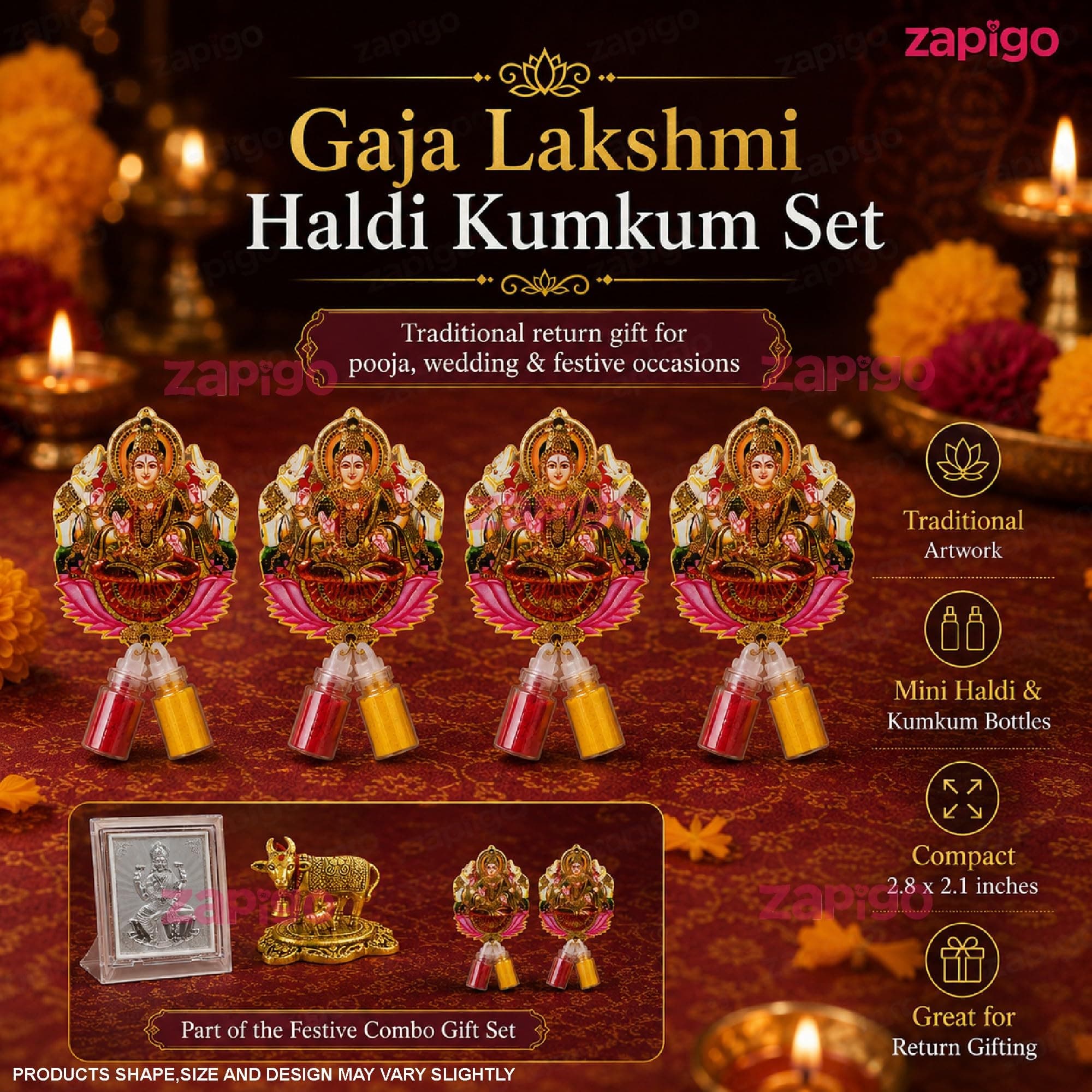 Habba Lakshmi Frame with Silver-Finish Stand, Lakshmi Kumkum Set & Gold Cow Statue, Traditional Haldi Kumkum Tambulam Hamper for Varalakshmi Vratham, Deepavali & Weddings, Pack of 5 thumbnail 8