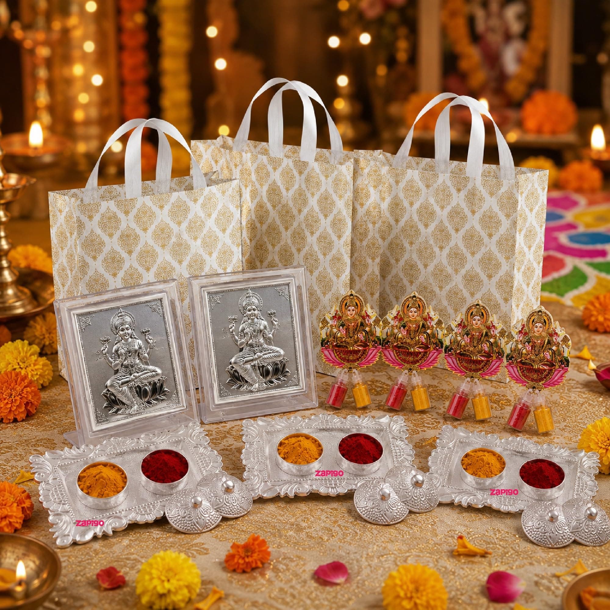 Habba Lakshmi Frame Pooja Return Gift Combo for Women, Lakshmi Kumkum, Carry Bag, Kumkum Set, Traditional Haldi Kumkum Tambulam Hamper for Varalakshmi Vratham, Weddings, Festivals, Pack of 5 thumbnail 1