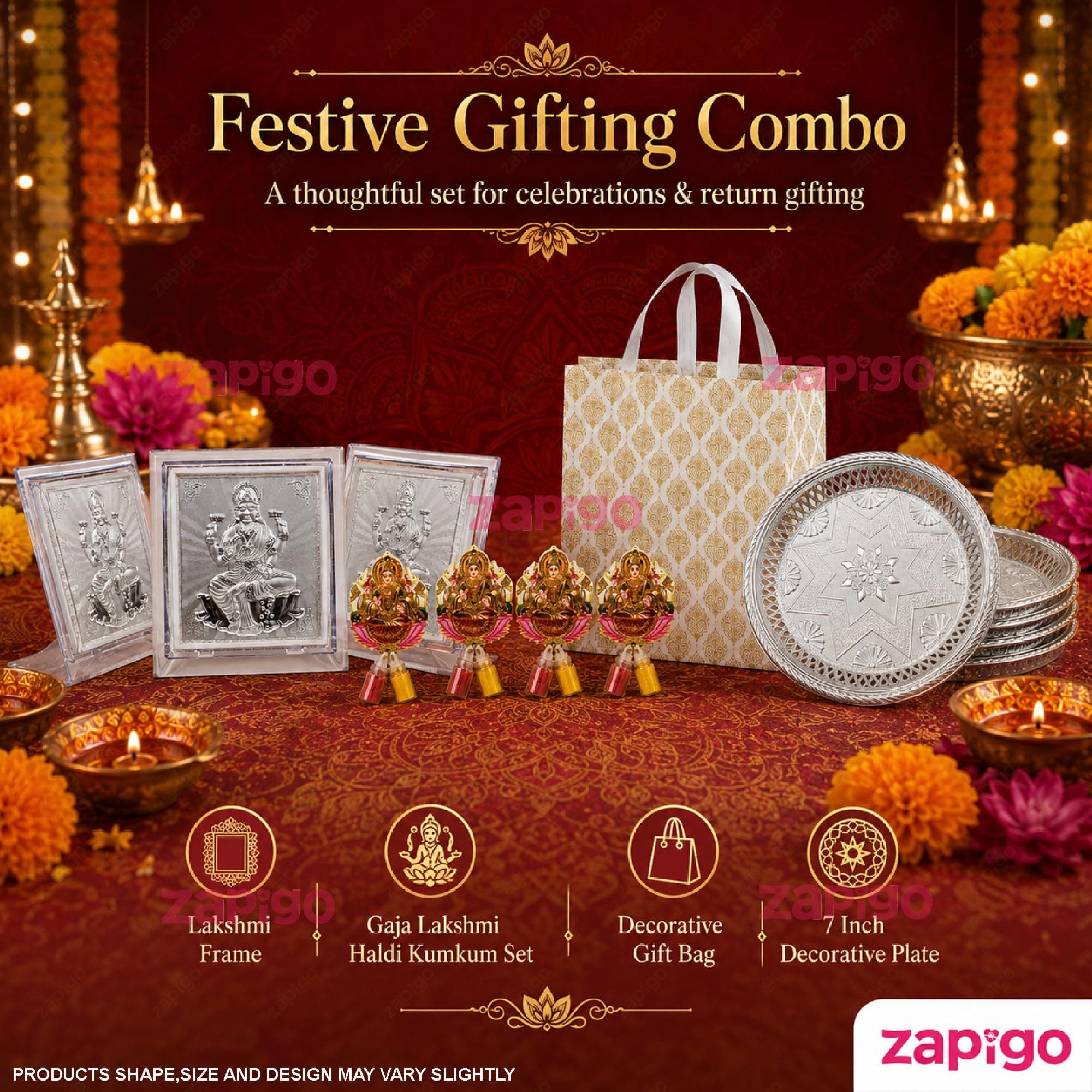 Habba Lakshmi Frame Pooja Return Gift Combo for Women, Lakshmi Kumkum, Silver Plate, Festive Bag, Traditional Haldi Kumkum Tambulam Hamper for Varalakshmi Vratham, Diwali, Weddings, Pack of 5 thumbnail 2