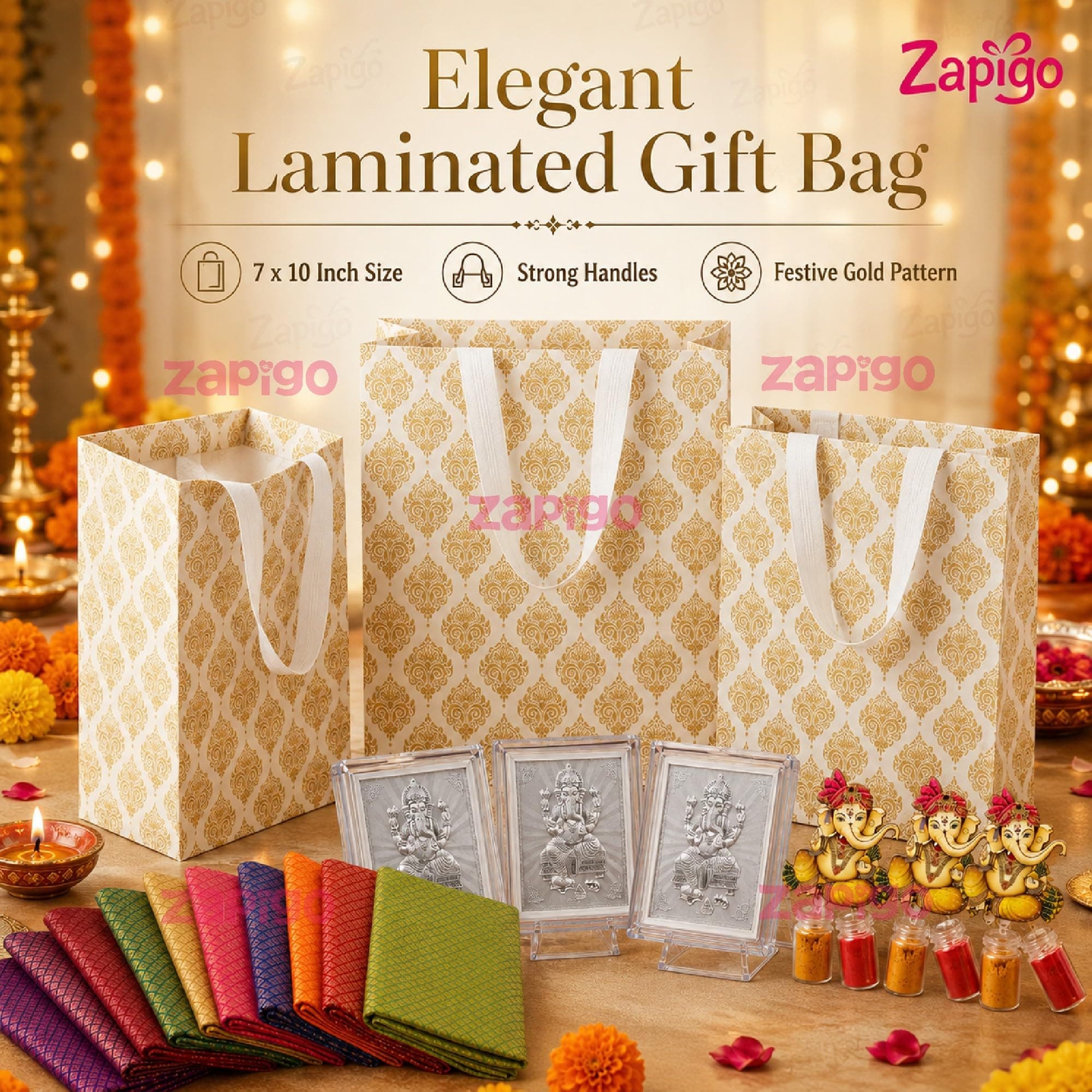 Habba Ganesha Frame Pooja Return Gift Combo for Women, Includes Ganesha Kumkum, Carry Bag, Blouse Piece, Traditional Haldi Kumkum Tambulam Hamper for Ganesh Chaturthi & Festivals, Pack of 5 thumbnail 5