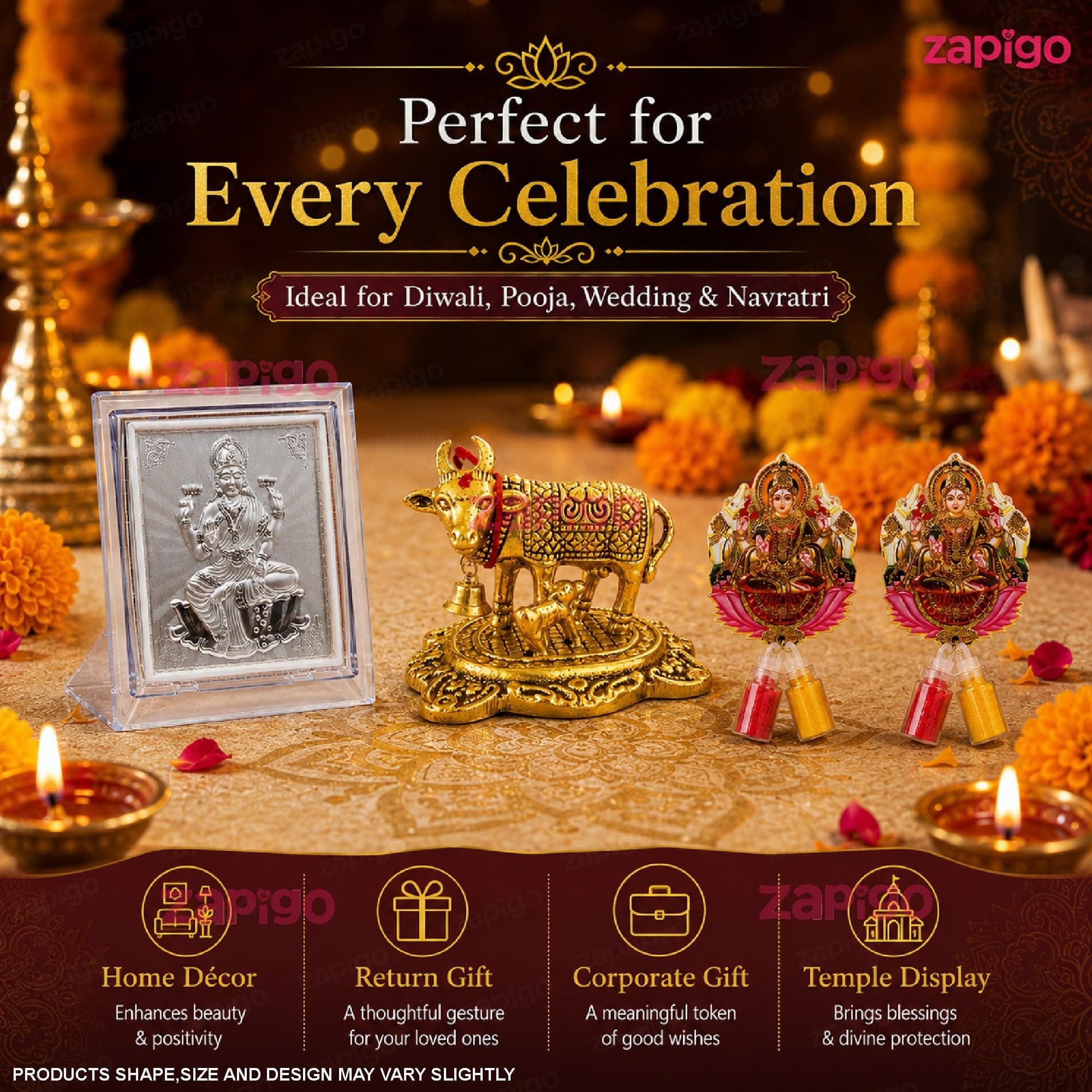 Habba Lakshmi Frame with Silver-Finish Stand, Lakshmi Kumkum Set & Gold Cow Statue, Traditional Haldi Kumkum Tambulam Hamper for Varalakshmi Vratham, Deepavali & Weddings, Pack of 5 thumbnail 5