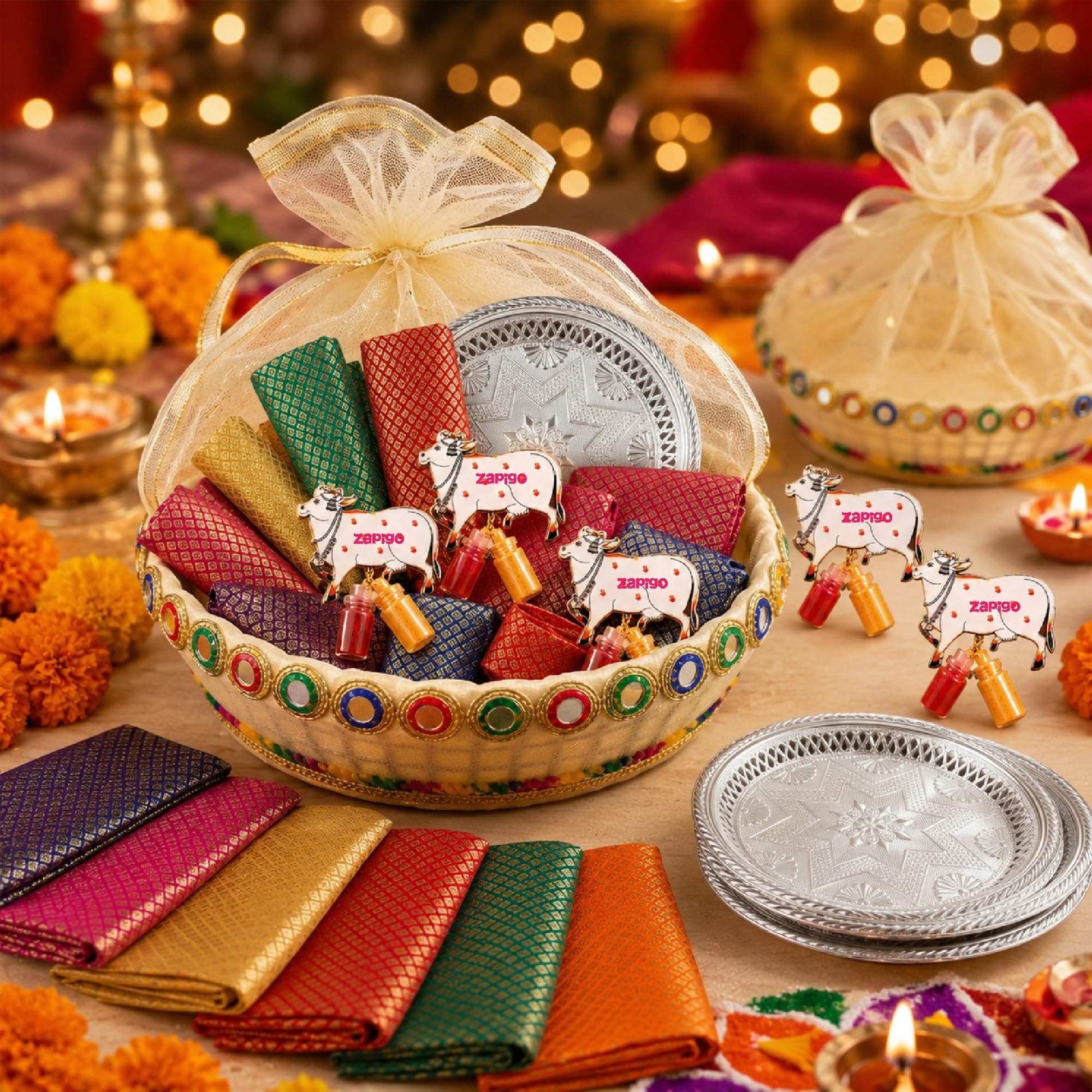 Habba Fruits Basket, Silver Plate, Cow Kumkum & Blouse Piece Pooja Return Gift Combo for Women, Traditional Haldi Kumkum Tambulam Hamper for Weddings, Varalakshmi Vratham, Festivals, Pack of 5 thumbnail 1