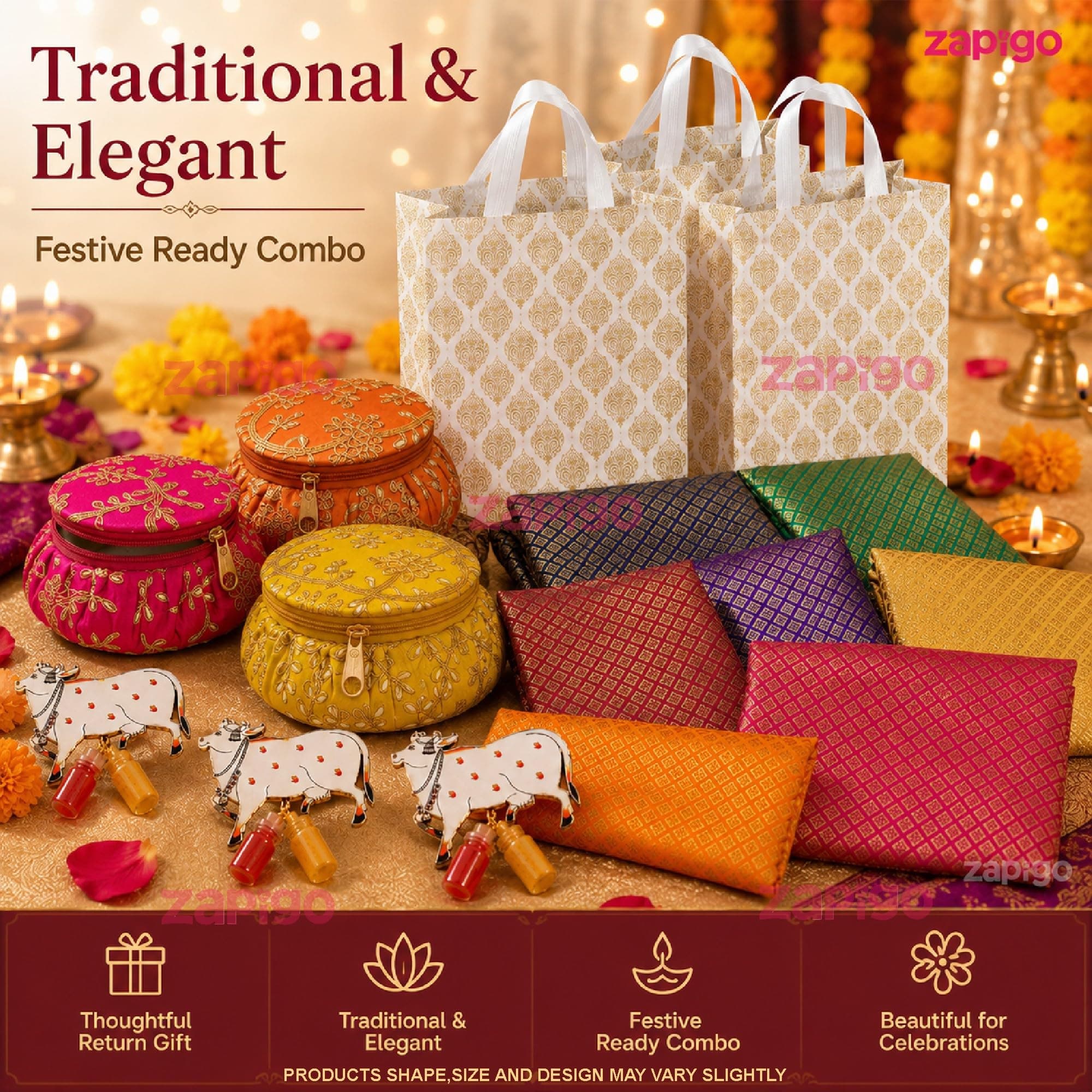 Habba Bangle Box, Cow Kumkum Set, Blouse Piece & Carry Bag Combo, Traditional Haldi Kumkum Tambulam Hamper for Weddings, Varalakshmi Vratham, Griha Pravesh & Festivals, Pack of 5 thumbnail 7